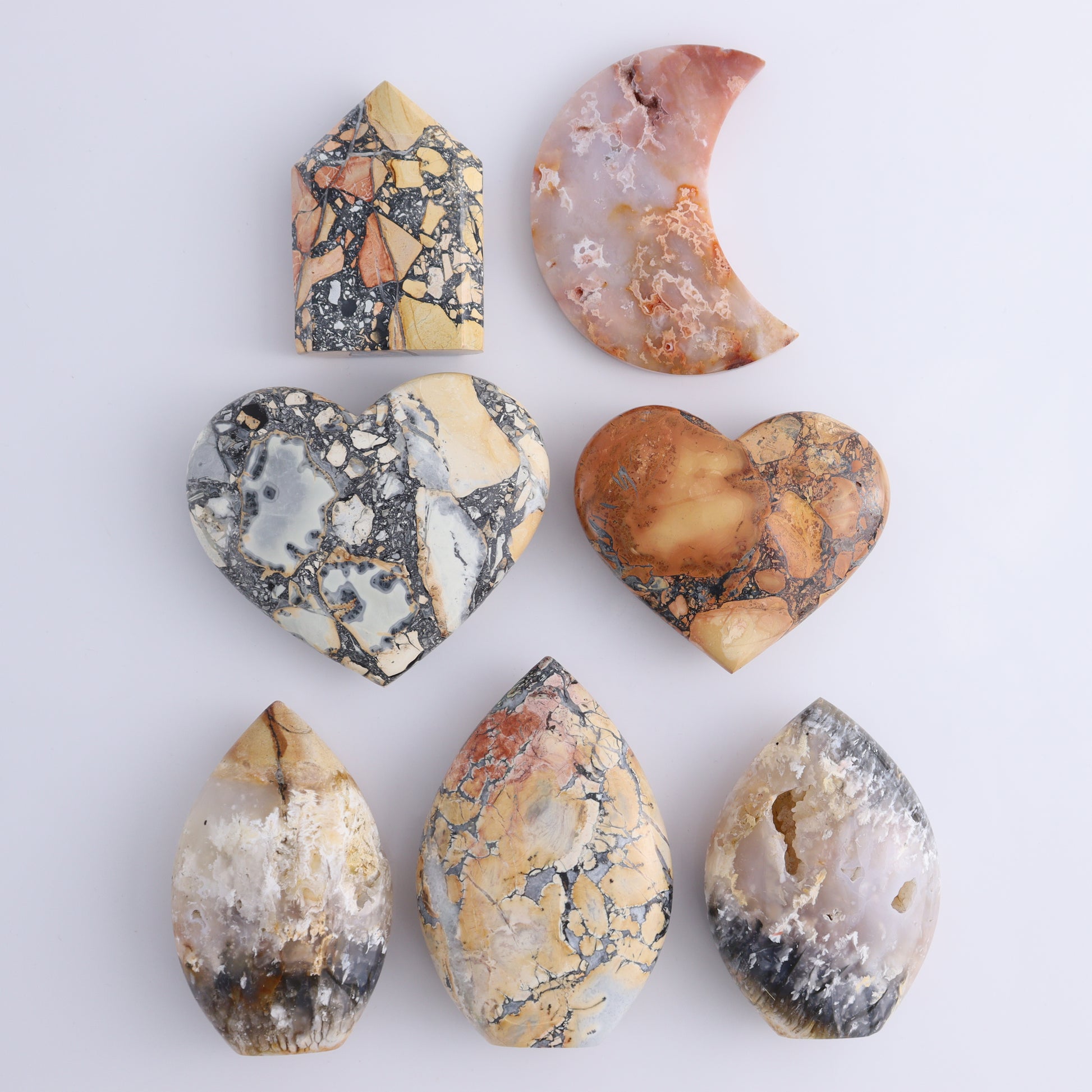 Maligano Jasper Mixed Carvings Set of 7 - Expert Wholesale and Supplier of Wholesale Crystals & Bulk Gemstones, ["Freeforms","Hearts","Indonesia","Maligno Jasper","moons","Points"]