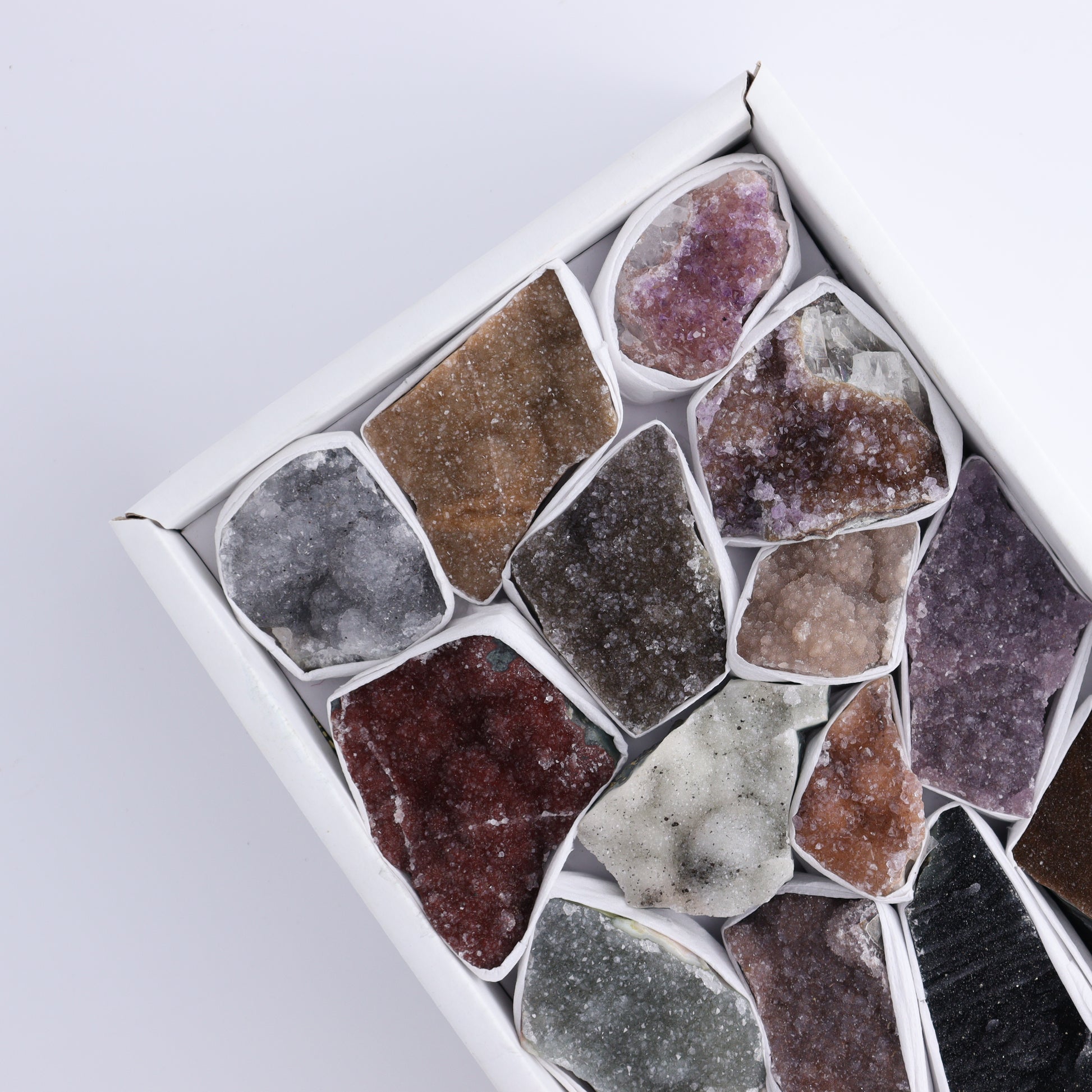 Sold* Uruguay Rainbow Amethyst Clusters Flat of 15 - Expert Wholesale and Supplier of Wholesale Crystals & Bulk Gemstones, ["Amethyst","Clusters","Rainbow Amethyst","Sugar Rainbow Amethyst","Uruguay"]