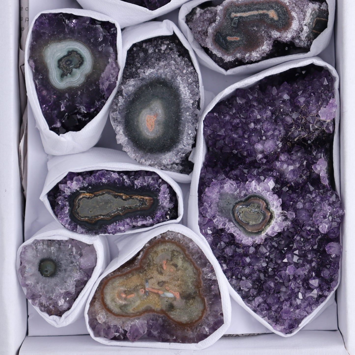 Uruguay Amethyst Clusters with "Eyes" Flat of 9 - Expert Wholesale and Supplier of Wholesale Crystals & Bulk Gemstones, ["Amethyst","Clusters","Eyes Amethyst","Uruguay"]