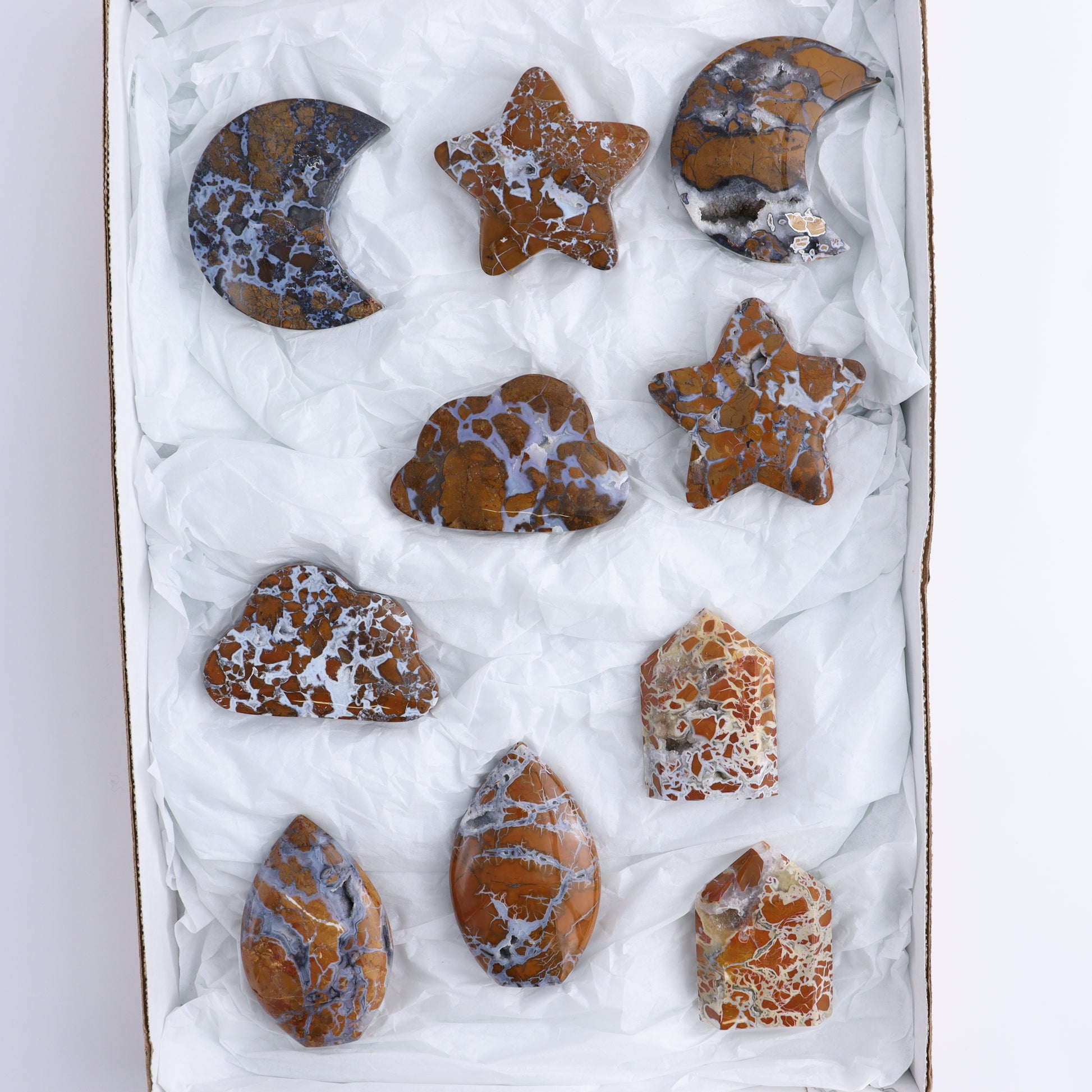 Brecciated Jasper Moons, Stars, Towers, Clouds, and Flames Set of 10 - Expert Wholesale and Supplier of Wholesale Crystals & Bulk Gemstones, ["Brecciated Jasper","Clouds","flames","Indonesia","moons","stars","Towers"]