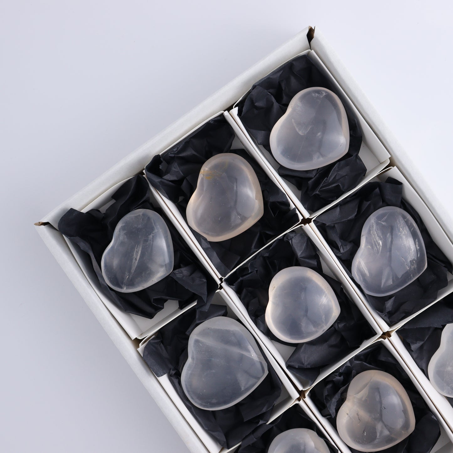 Girasol Quartz Hearts Set of 9 - Expert Wholesale and Supplier of Wholesale Crystals & Bulk Gemstones, ["Girasol","Girasol Quartz","Hearts","Quartz"]