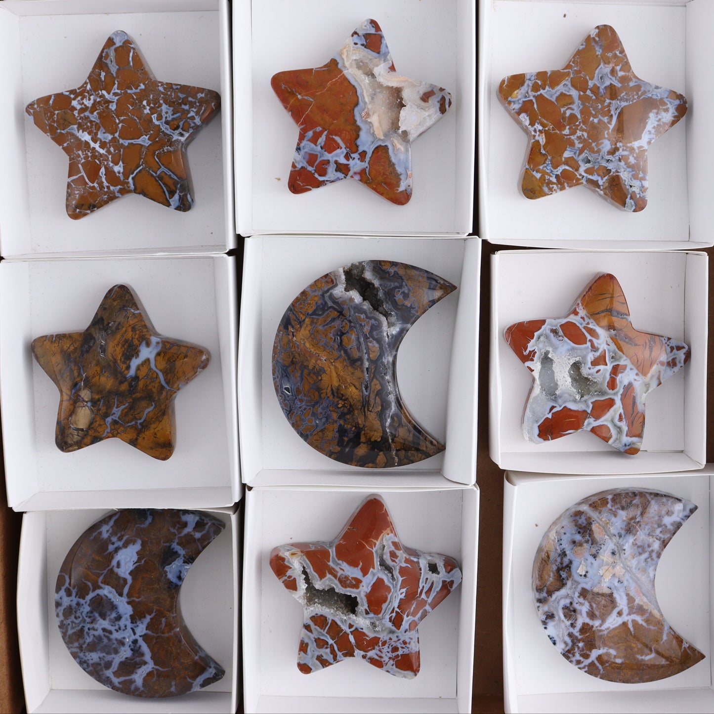 Brecciated Jasper Moons and Stars Set of 12 - Expert Wholesale and Supplier of Wholesale Crystals & Bulk Gemstones, ["Brecciated Jasper","Indonesia","moons","stars"]