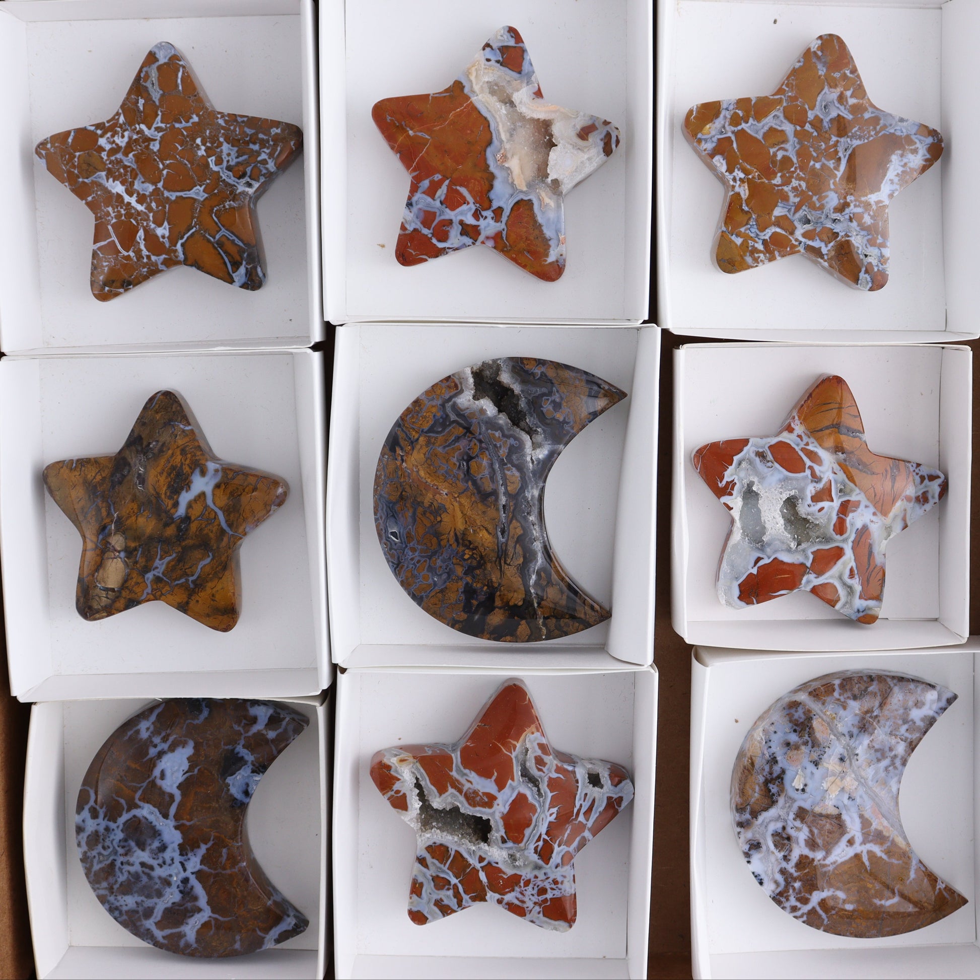Brecciated Jasper Moons and Stars Set of 12 - Expert Wholesale and Supplier of Wholesale Crystals & Bulk Gemstones, ["Brecciated Jasper","Indonesia","moons","stars"]