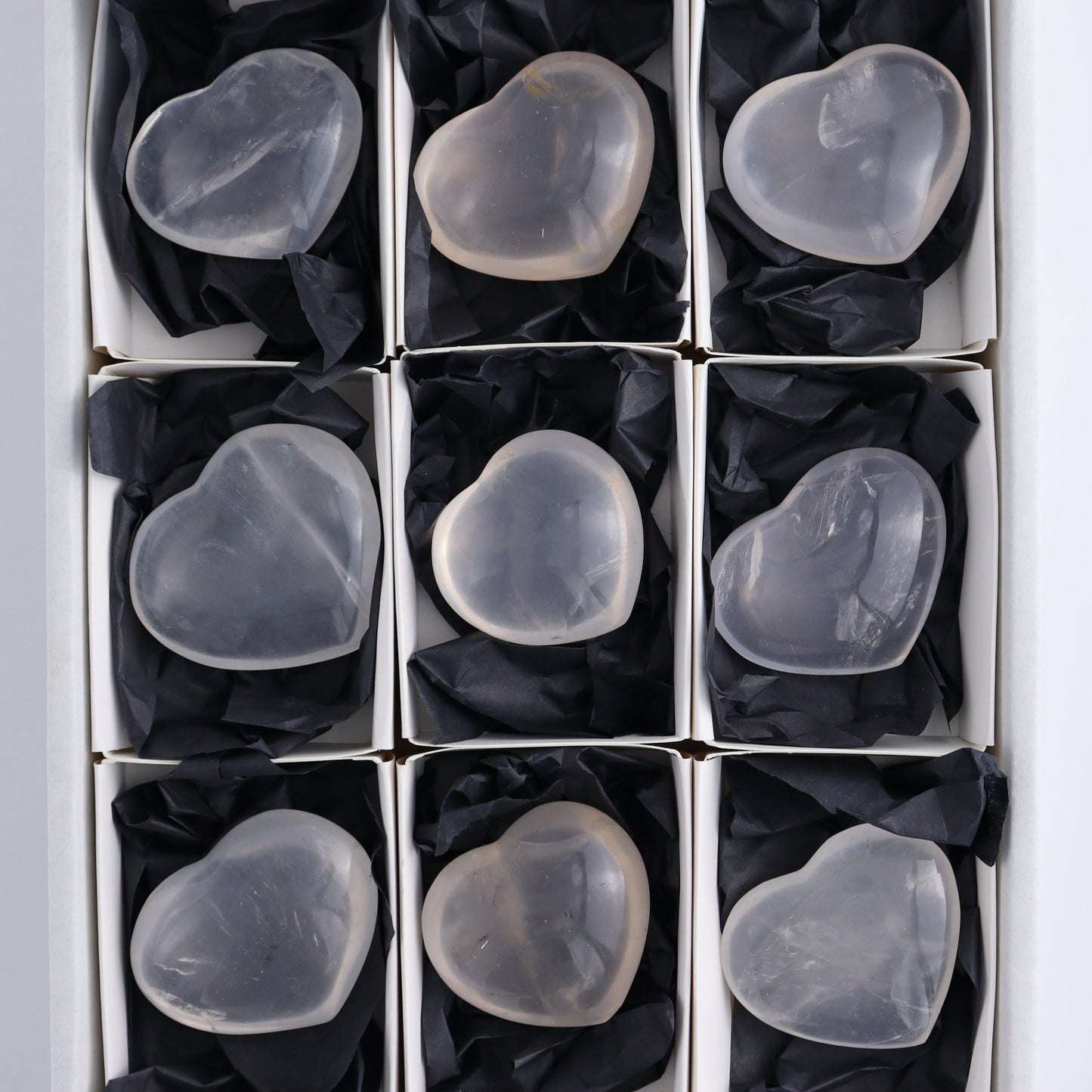 Girasol Quartz Hearts Set of 9 - Expert Wholesale and Supplier of Wholesale Crystals & Bulk Gemstones, ["Girasol","Girasol Quartz","Hearts","Quartz"]