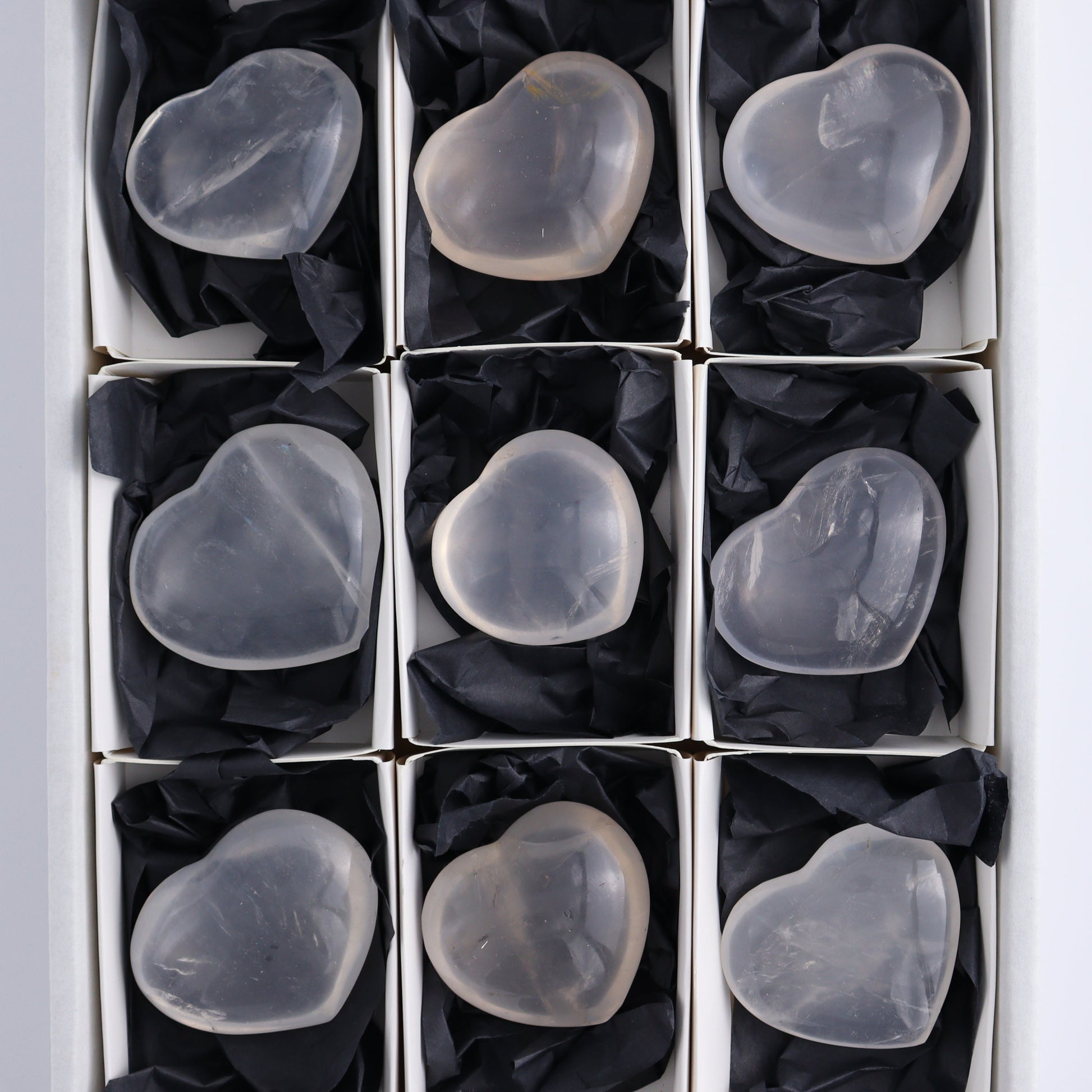 Girasol Quartz Hearts Set of 9 - Expert Wholesale and Supplier of Wholesale Crystals & Bulk Gemstones, ["Girasol","Girasol Quartz","Hearts","Quartz"]