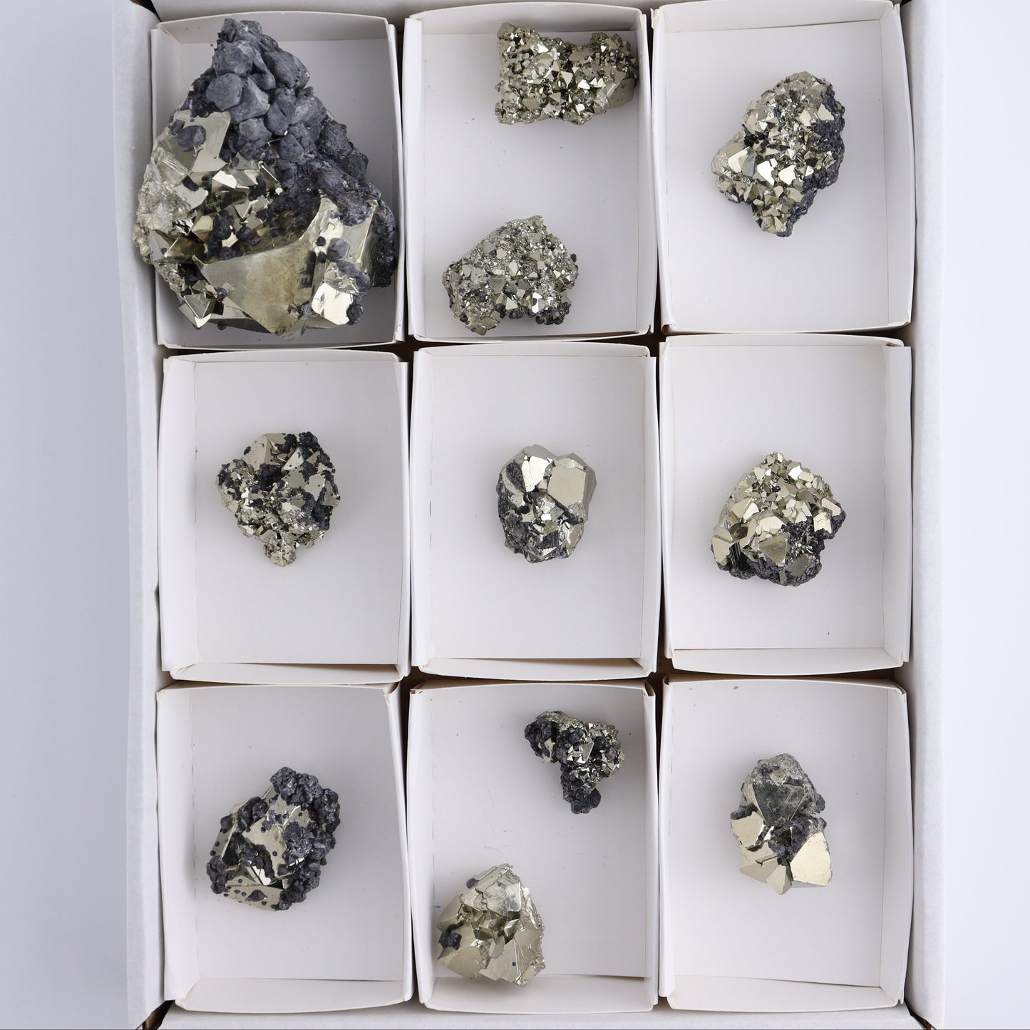 Octahedral Pyrite Clusters Set of 11 - Expert Wholesale and Supplier of Wholesale Crystals & Bulk Gemstones, ["Clusters","Octahedral Pyrite","Peru","Pyrite"]