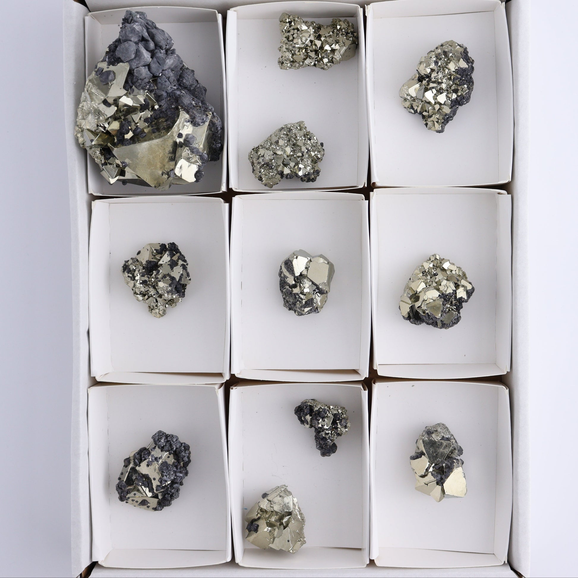 Octahedral Pyrite Clusters Set of 11 - Expert Wholesale and Supplier of Wholesale Crystals & Bulk Gemstones, ["Clusters","Octahedral Pyrite","Peru","Pyrite"]