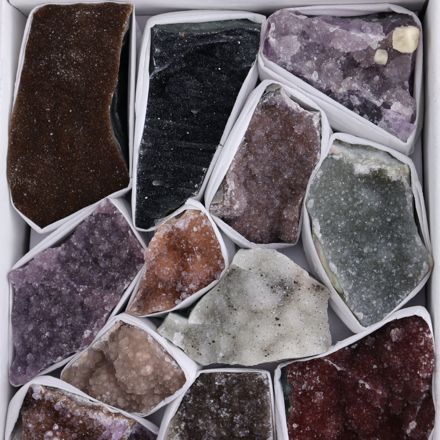 Sold* Uruguay Rainbow Amethyst Clusters Flat of 15 - Expert Wholesale and Supplier of Wholesale Crystals & Bulk Gemstones, ["Amethyst","Clusters","Rainbow Amethyst","Sugar Rainbow Amethyst","Uruguay"]