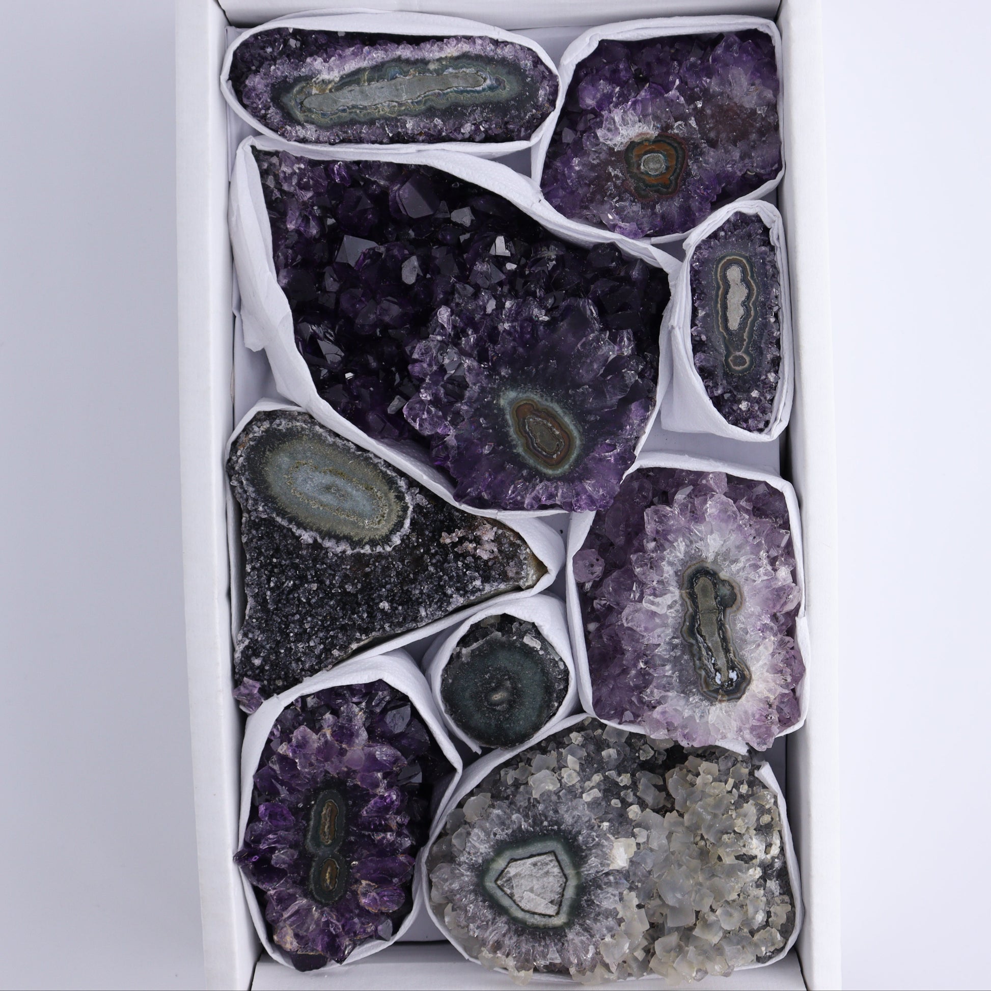 Uruguay Amethyst Clusters with "Eyes" Flat of 9 - Expert Wholesale and Supplier of Wholesale Crystals & Bulk Gemstones, ["Amethyst","Clusters","Eyes Amethyst","Uruguay"]