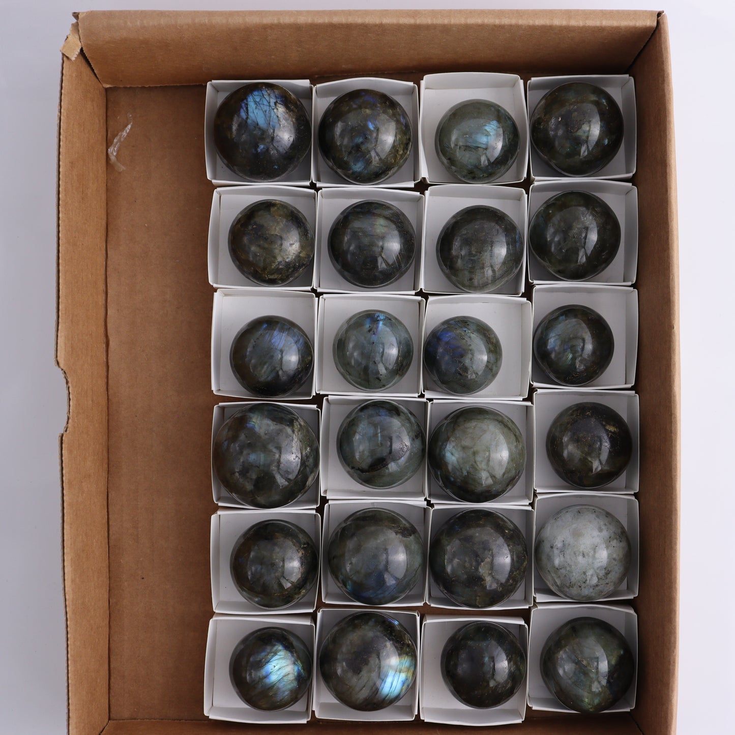 Labradorite Spheres Flat of 24 - Expert Wholesale and Supplier of Wholesale Crystals & Bulk Gemstones, ["Labradorite","Madagascar","Spheres"]