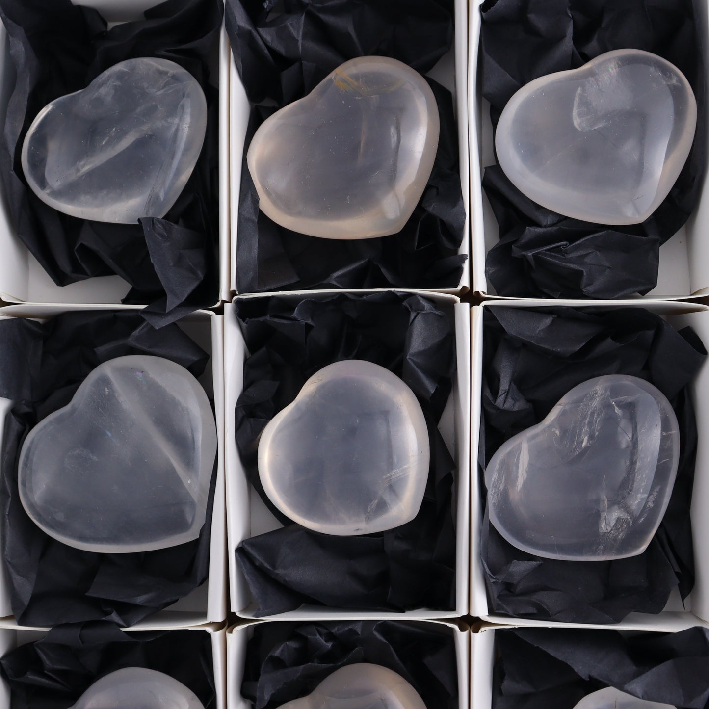 Girasol Quartz Hearts Set of 9 - Expert Wholesale and Supplier of Wholesale Crystals & Bulk Gemstones, ["Girasol","Girasol Quartz","Hearts","Quartz"]