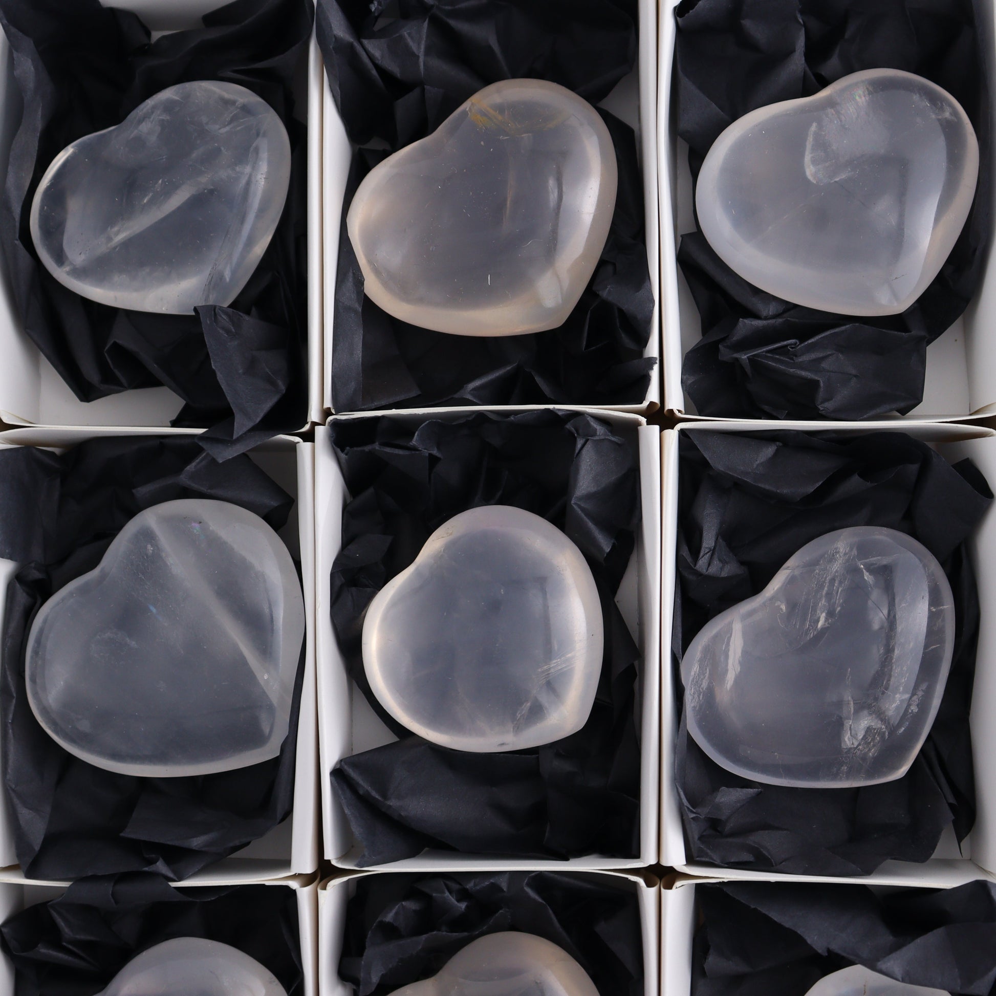 Girasol Quartz Hearts Set of 9 - Expert Wholesale and Supplier of Wholesale Crystals & Bulk Gemstones, ["Girasol","Girasol Quartz","Hearts","Quartz"]