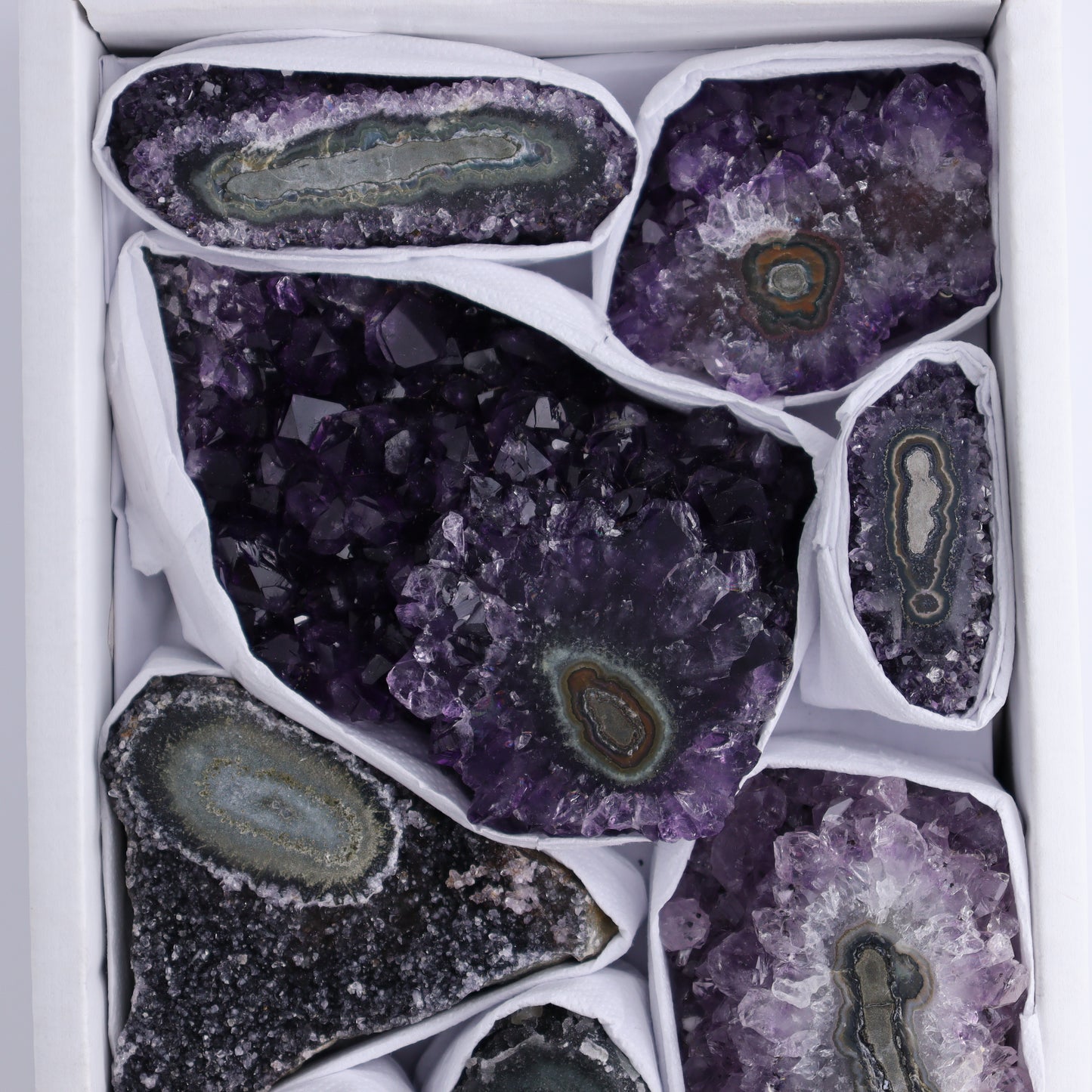 Uruguay Amethyst Clusters with "Eyes" Flat of 9 - Expert Wholesale and Supplier of Wholesale Crystals & Bulk Gemstones, ["Amethyst","Clusters","Eyes Amethyst","Uruguay"]