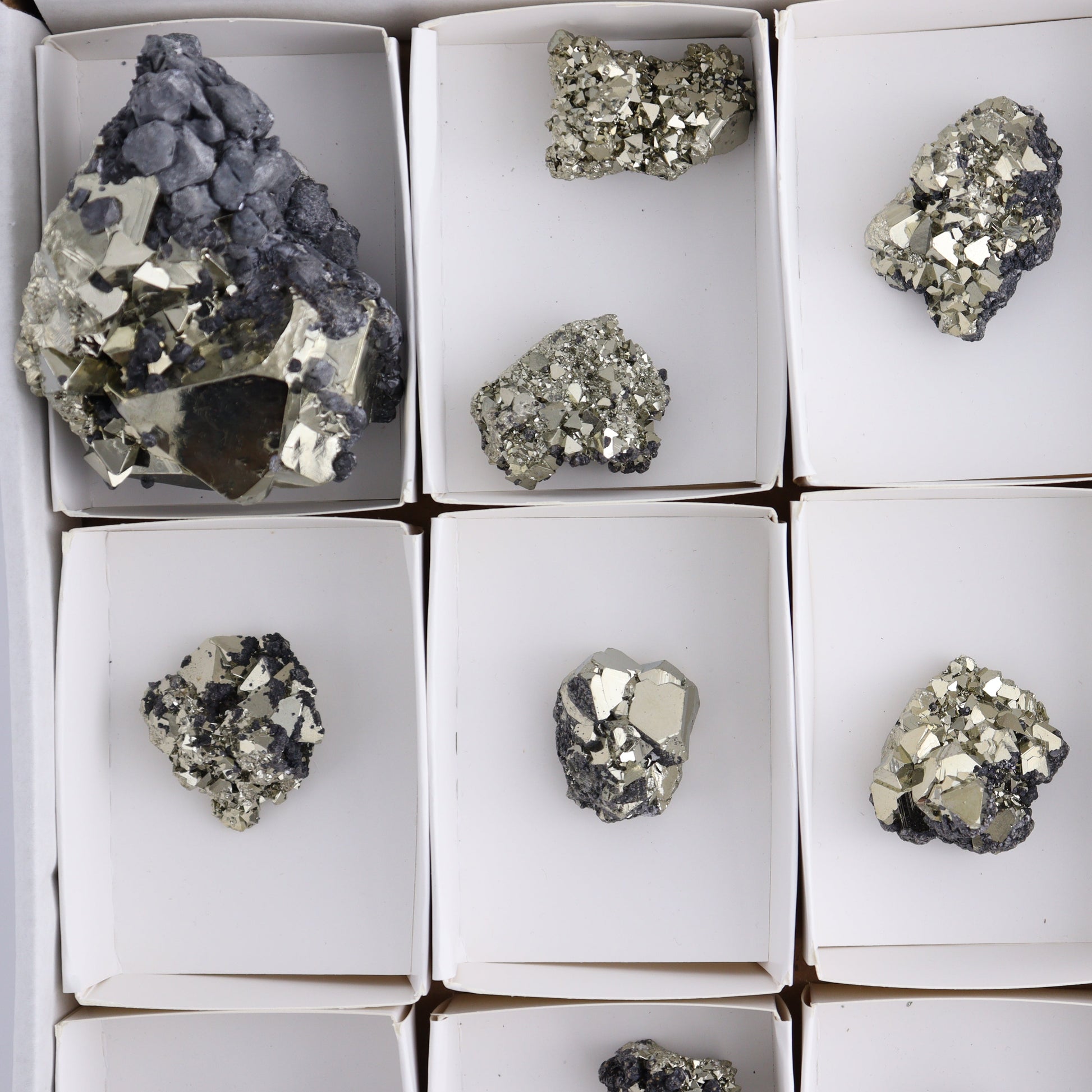 Octahedral Pyrite Clusters Set of 11 - Expert Wholesale and Supplier of Wholesale Crystals & Bulk Gemstones, ["Clusters","Octahedral Pyrite","Peru","Pyrite"]