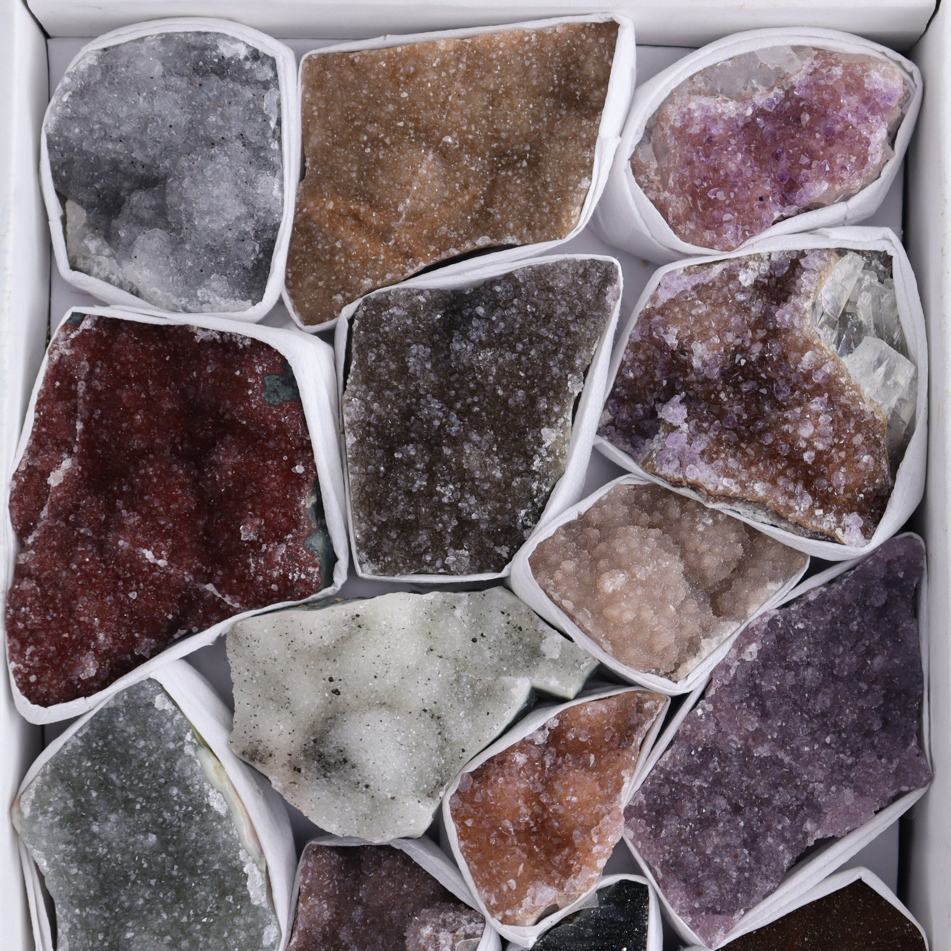 Sold* Uruguay Rainbow Amethyst Clusters Flat of 15 - Expert Wholesale and Supplier of Wholesale Crystals & Bulk Gemstones, ["Amethyst","Clusters","Rainbow Amethyst","Sugar Rainbow Amethyst","Uruguay"]