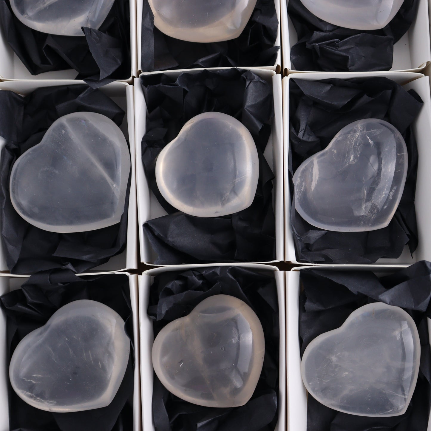 Girasol Quartz Hearts Set of 9 - Expert Wholesale and Supplier of Wholesale Crystals & Bulk Gemstones, ["Girasol","Girasol Quartz","Hearts","Quartz"]