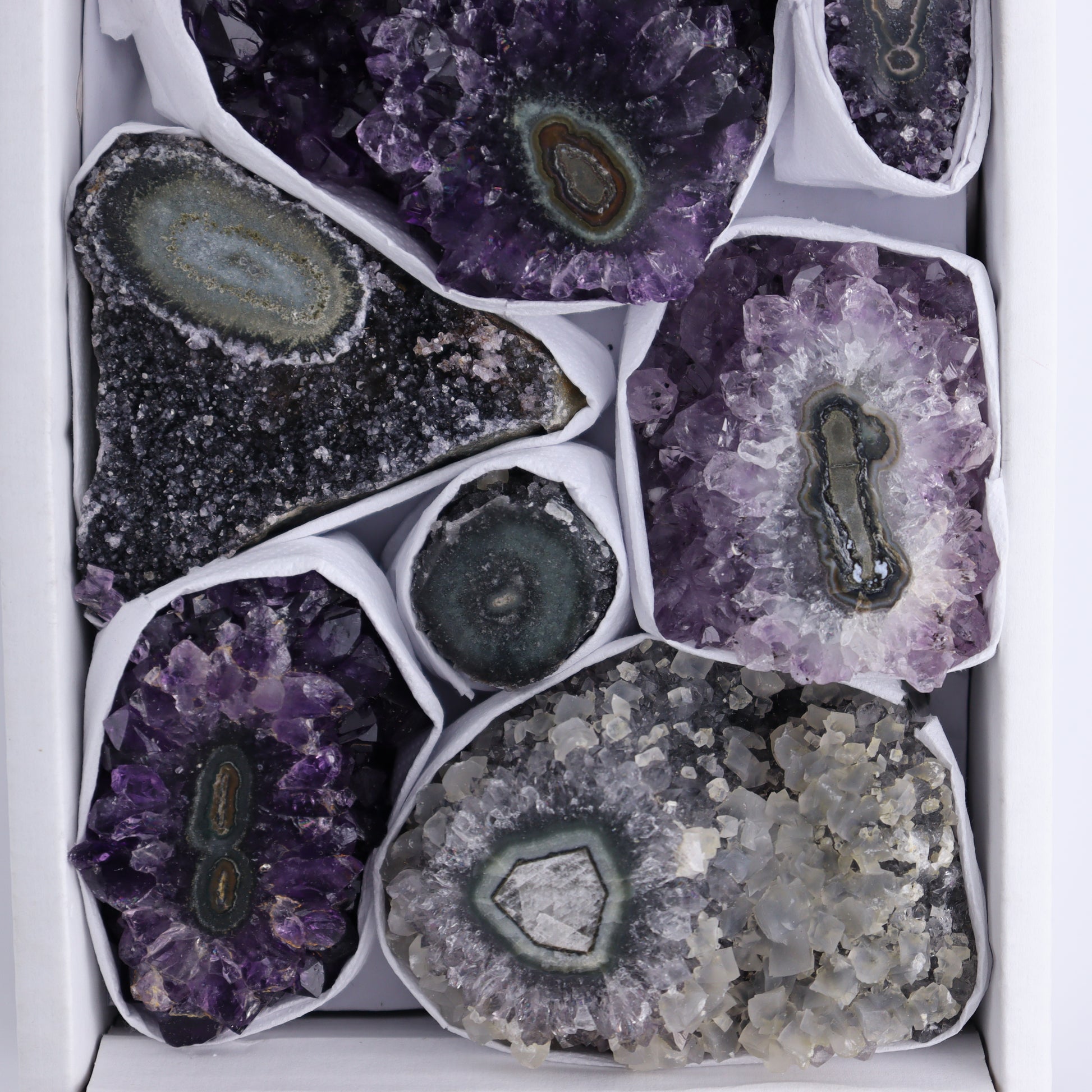 Uruguay Amethyst Clusters with "Eyes" Flat of 9 - Expert Wholesale and Supplier of Wholesale Crystals & Bulk Gemstones, ["Amethyst","Clusters","Eyes Amethyst","Uruguay"]
