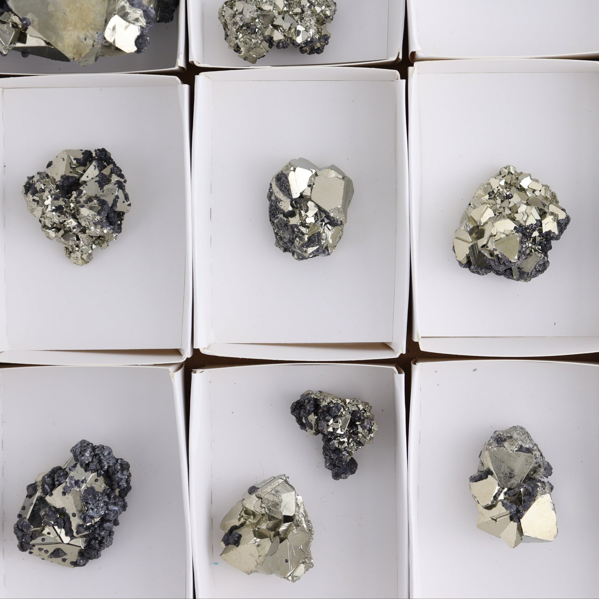 Octahedral Pyrite Clusters Set of 11 - Expert Wholesale and Supplier of Wholesale Crystals & Bulk Gemstones, ["Clusters","Octahedral Pyrite","Peru","Pyrite"]