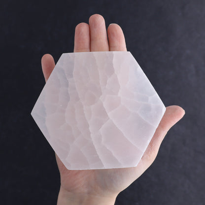One Selenite (Satin Spar) Hexagon Charging Plate - Expert Wholesale and Supplier of Wholesale Crystals & Bulk Gemstones, ["close_30","Hexagon","Morocco","Selenite"]
