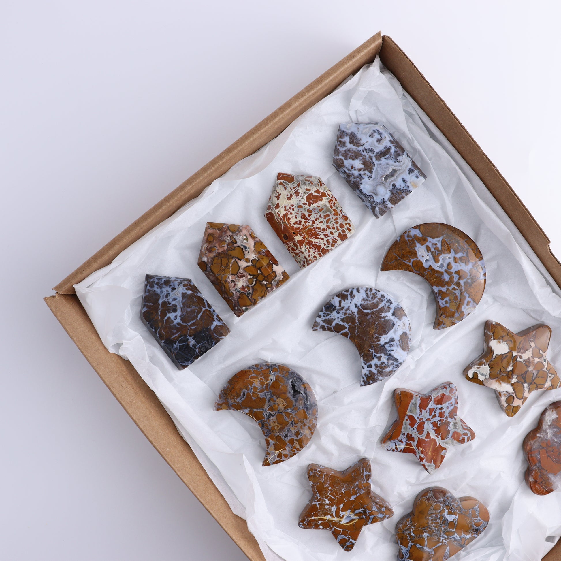 Brecciated Jasper Moons, Stars, Clouds, and Towers Set of 12 - Expert Wholesale and Supplier of Wholesale Crystals & Bulk Gemstones, ["Brecciated Jasper","Clouds","Indonesia","moons","stars","Towers"]