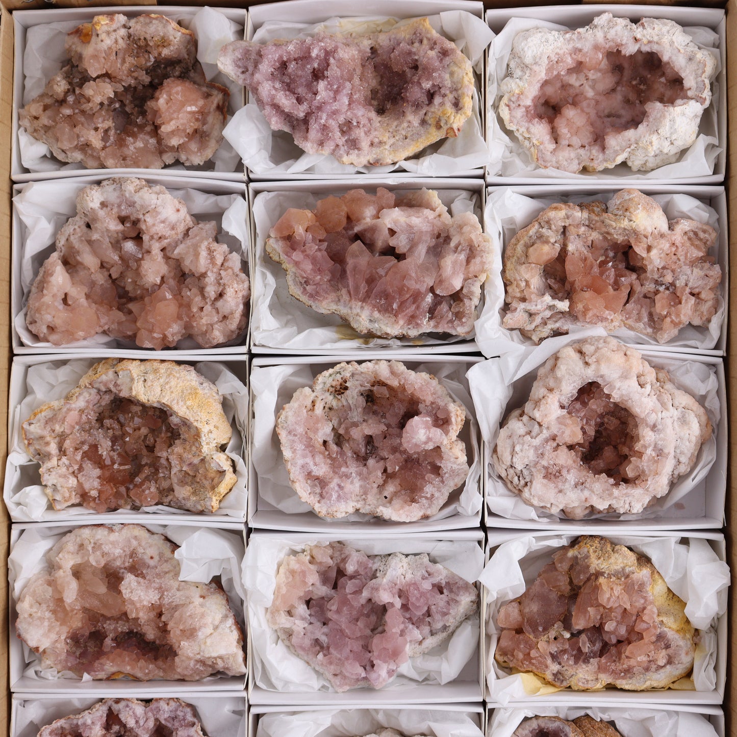 Pink Amethyst Geodes Flat of 18 - Expert Wholesale and Supplier of Wholesale Crystals & Bulk Gemstones, ["Amethyst","Pink Amethyst"]