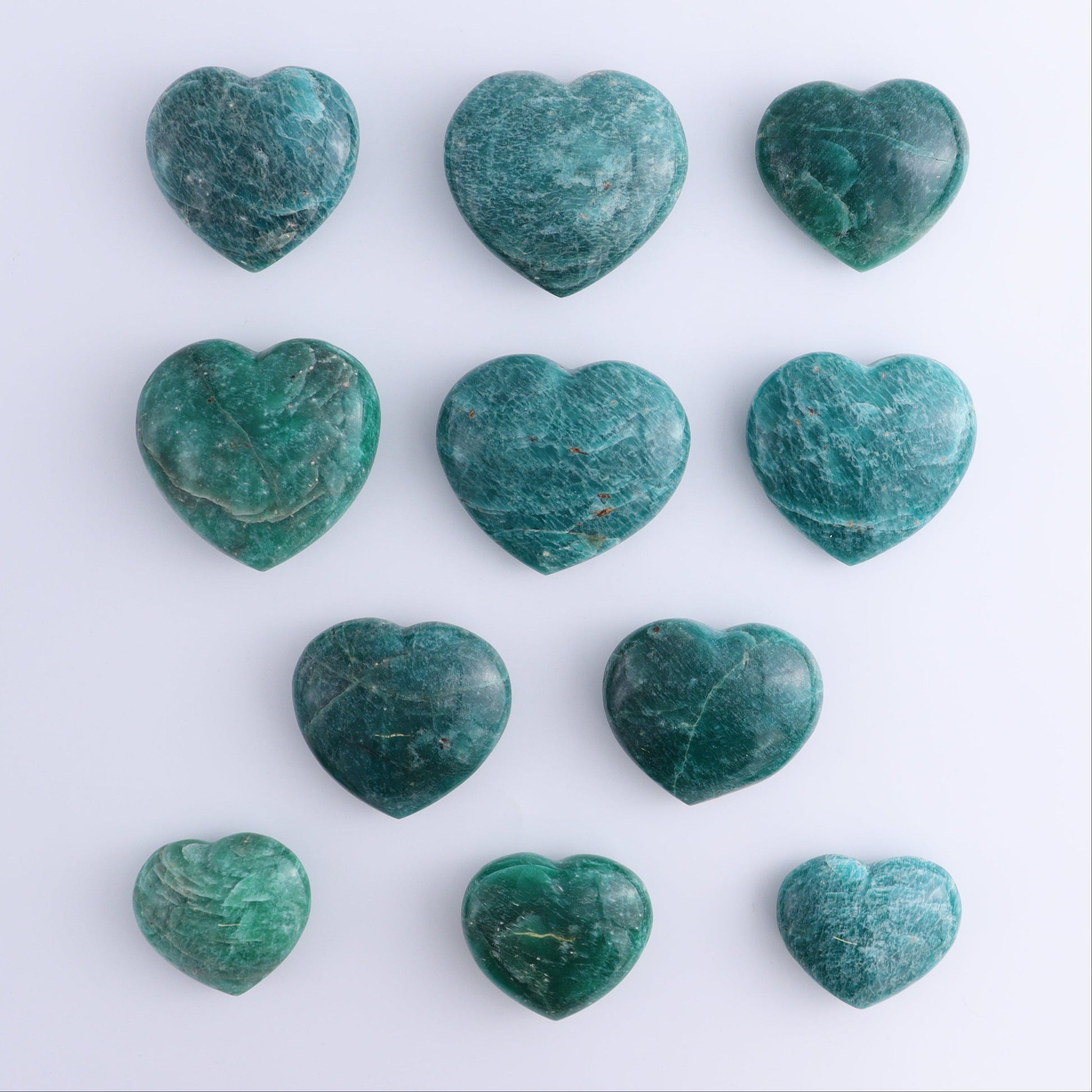 Amazonite Hearts Set of 11 - Expert Wholesale and Supplier of Wholesale Crystals & Bulk Gemstones, ["Amazonite","Hearts","Madagascar"]