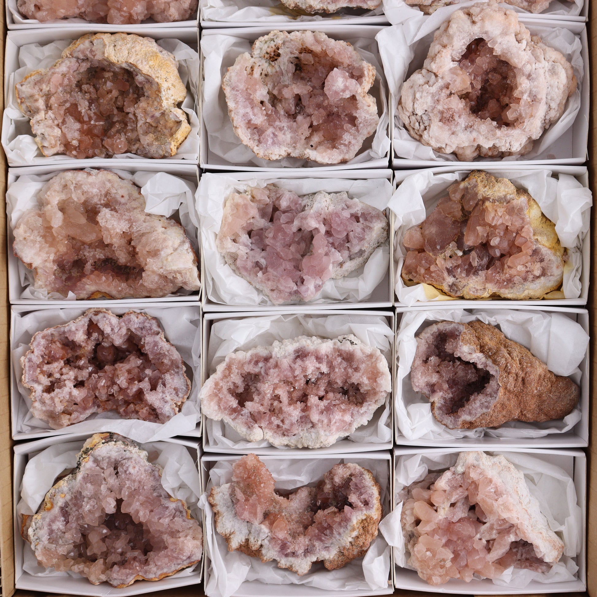 Pink Amethyst Geodes Flat of 18 - Expert Wholesale and Supplier of Wholesale Crystals & Bulk Gemstones, ["Amethyst","Pink Amethyst"]