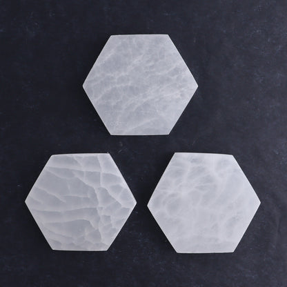 One Selenite (Satin Spar) Hexagon Charging Plate - Expert Wholesale and Supplier of Wholesale Crystals & Bulk Gemstones, ["close_30","Hexagon","Morocco","Selenite"]