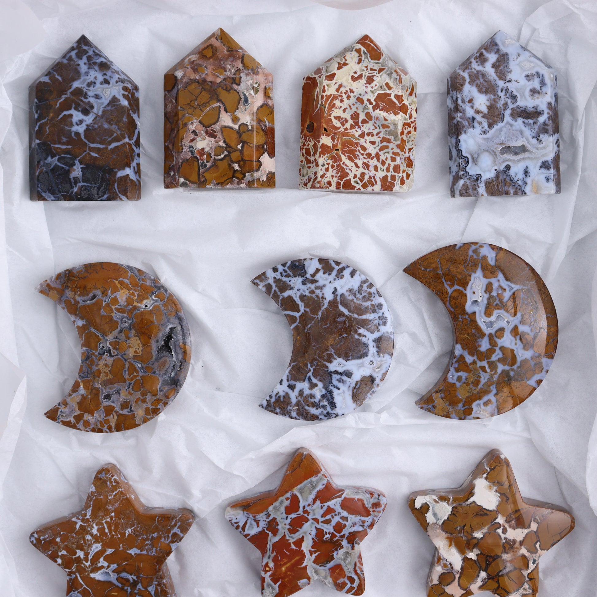 Brecciated Jasper Moons, Stars, Clouds, and Towers Set of 12 - Expert Wholesale and Supplier of Wholesale Crystals & Bulk Gemstones, ["Brecciated Jasper","Clouds","Indonesia","moons","stars","Towers"]
