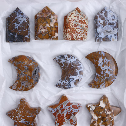Brecciated Jasper Moons, Stars, Clouds, and Towers Set of 12 - Expert Wholesale and Supplier of Wholesale Crystals & Bulk Gemstones, ["Brecciated Jasper","Clouds","Indonesia","moons","stars","Towers"]