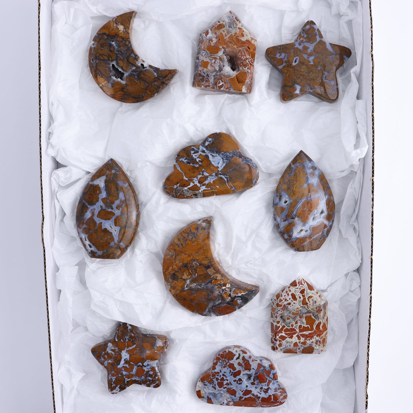 Brecciated Jasper Moons, Stars, Towers, Clouds, and Flames Set of 10 - Expert Wholesale and Supplier of Wholesale Crystals & Bulk Gemstones, ["Brecciated Jasper","Clouds","flames","Indonesia","moons","stars","Towers"]