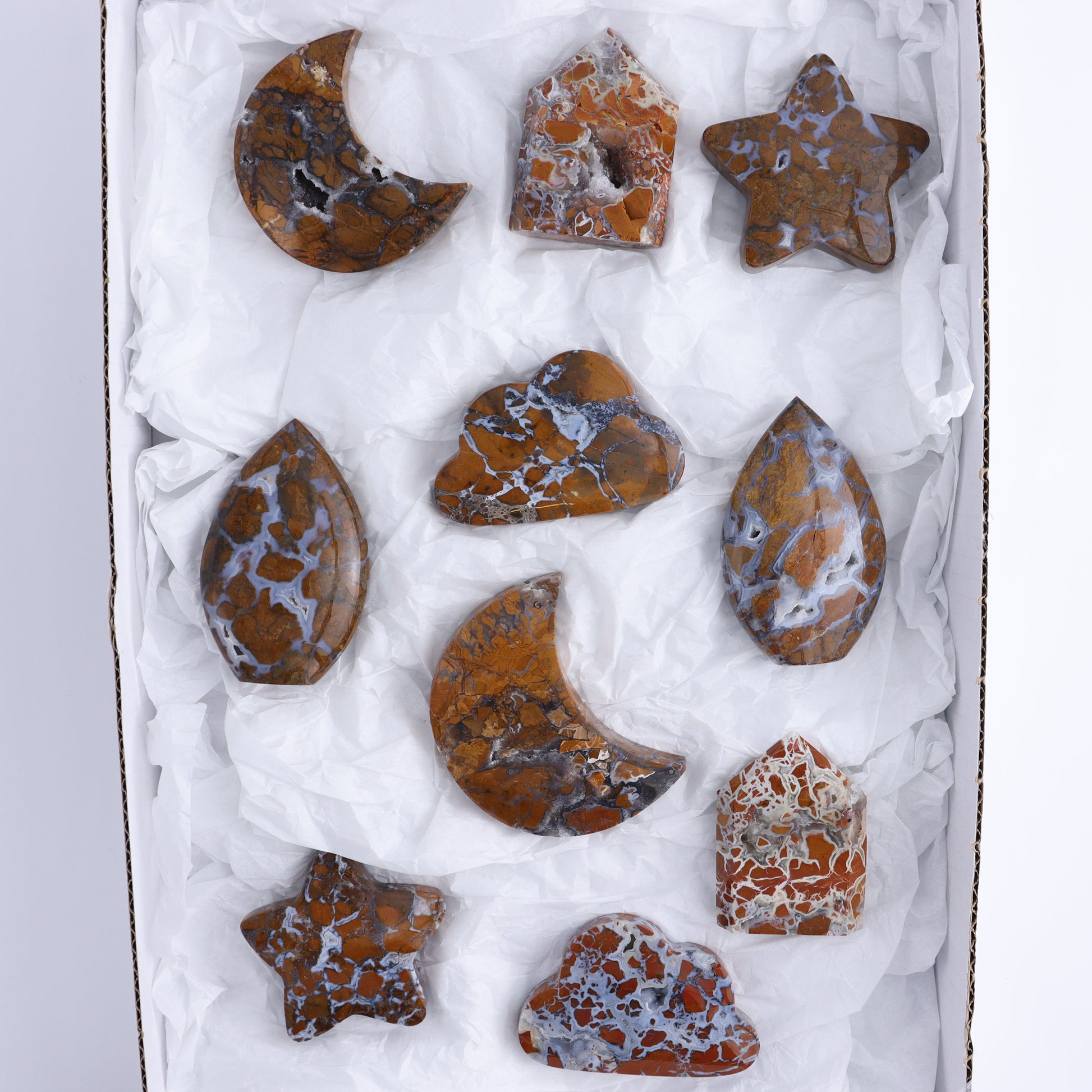 Brecciated Jasper Moons, Stars, Towers, Clouds, and Flames Set of 10 - Expert Wholesale and Supplier of Wholesale Crystals & Bulk Gemstones, ["Brecciated Jasper","Clouds","flames","Indonesia","moons","stars","Towers"]
