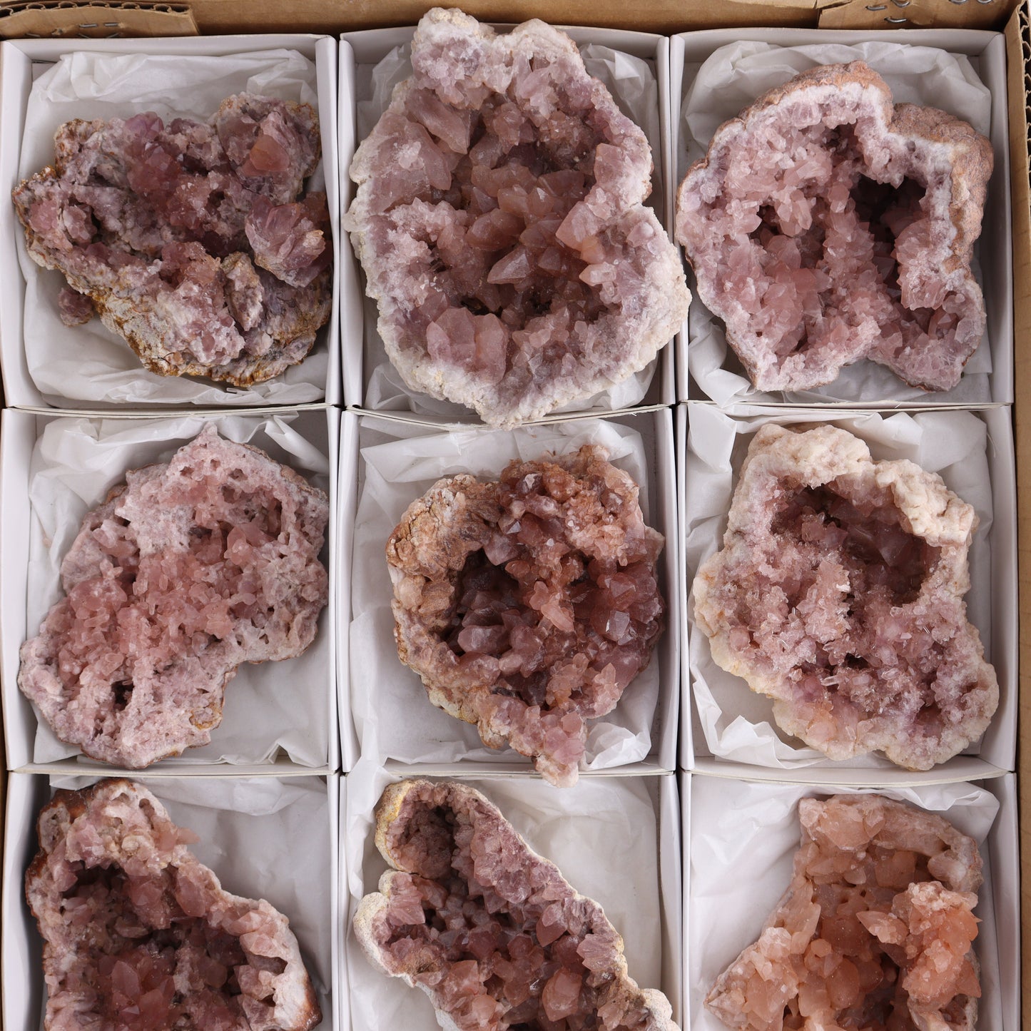 Pink Amethyst Geodes Flat of 12 - Expert Wholesale and Supplier of Wholesale Crystals & Bulk Gemstones, ["Amethyst","Pink Amethyst"]