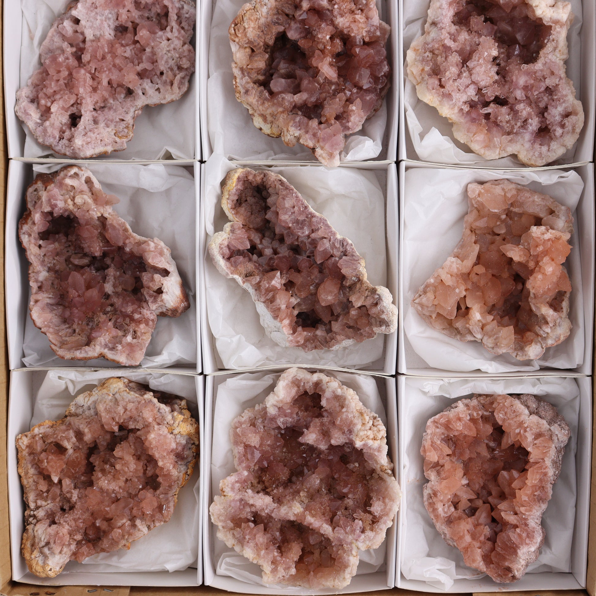 Pink Amethyst Geodes Flat of 12 - Expert Wholesale and Supplier of Wholesale Crystals & Bulk Gemstones, ["Amethyst","Pink Amethyst"]