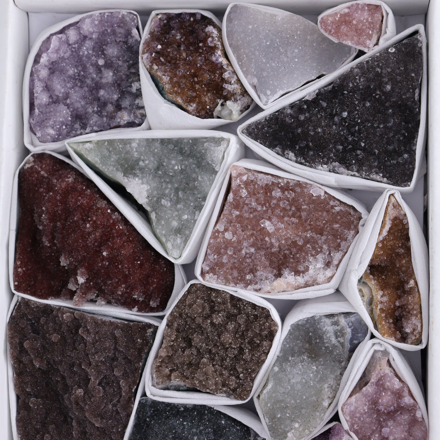 Uruguay Rainbow Amethyst Clusters Flat of 17 - Expert Wholesale and Supplier of Wholesale Crystals & Bulk Gemstones, ["Amethyst","Clusters","Rainbow Amethyst","Sugar Rainbow Amethyst","Uruguay"]