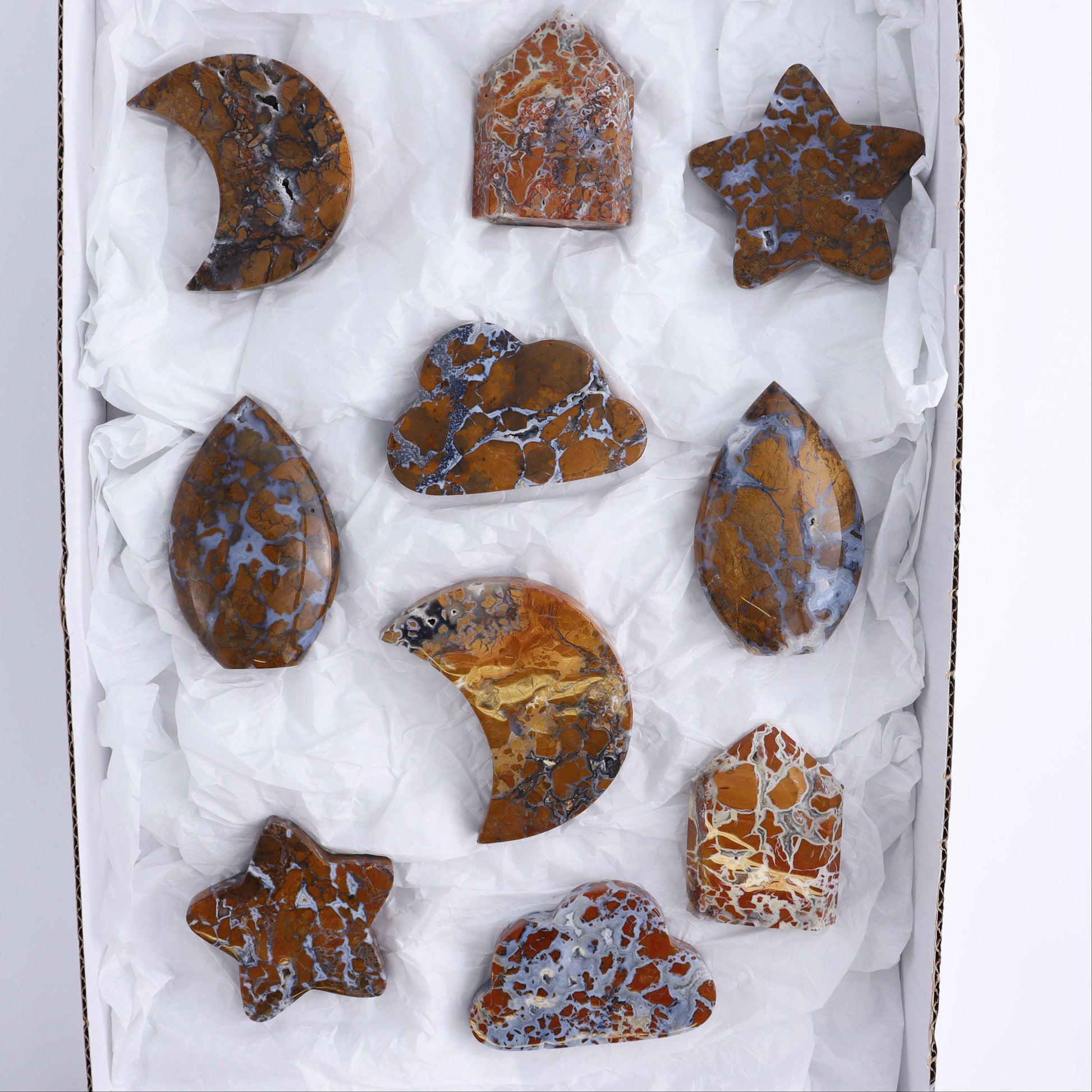 Brecciated Jasper Moons, Stars, Towers, Clouds, and Flames Set of 10 - Expert Wholesale and Supplier of Wholesale Crystals & Bulk Gemstones, ["Brecciated Jasper","Clouds","flames","Indonesia","moons","stars","Towers"]