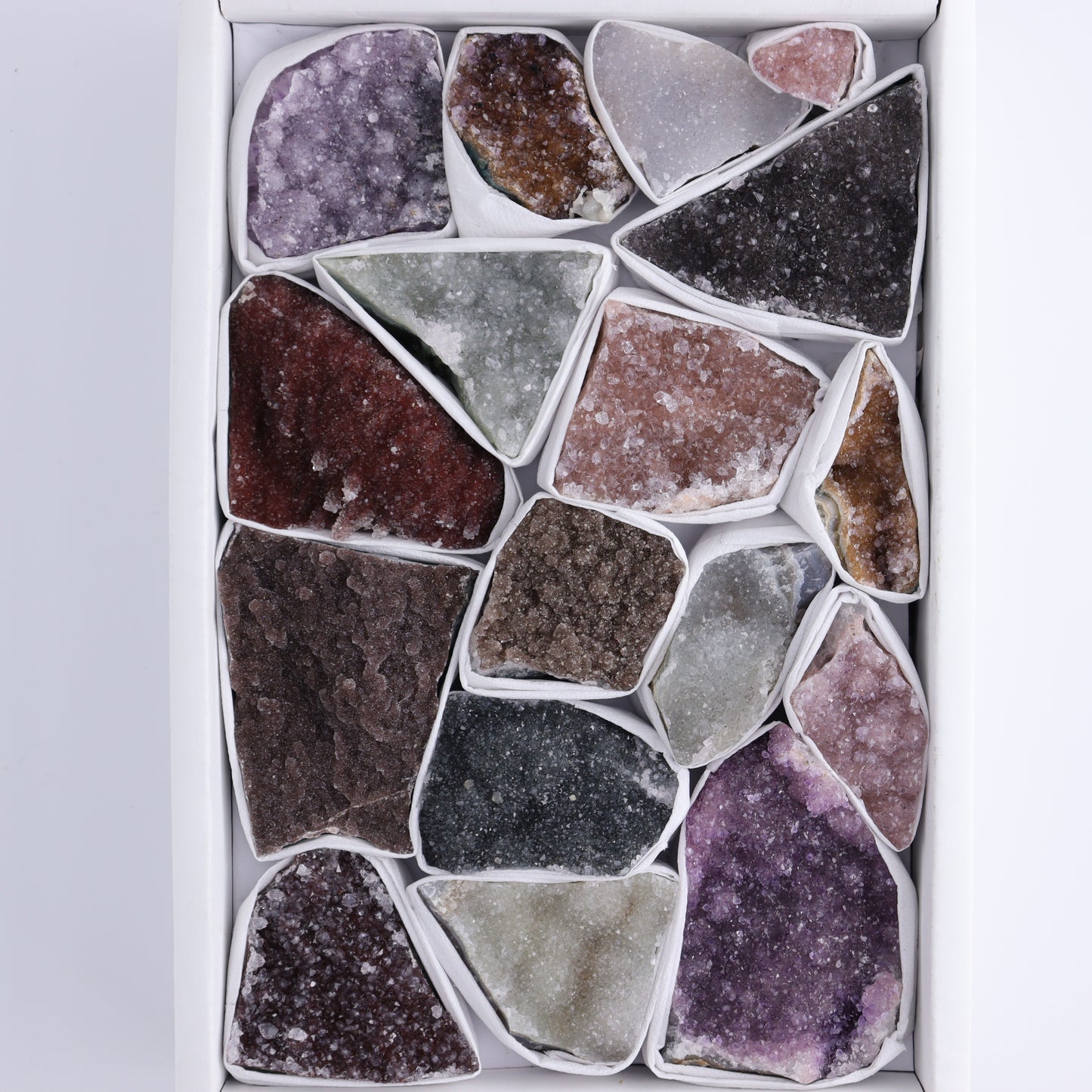 Uruguay Rainbow Amethyst Clusters Flat of 17 - Expert Wholesale and Supplier of Wholesale Crystals & Bulk Gemstones, ["Amethyst","Clusters","Rainbow Amethyst","Sugar Rainbow Amethyst","Uruguay"]