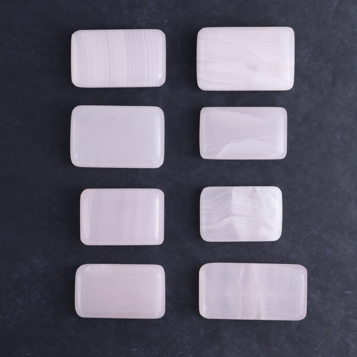 Pink Mangano Calcite Rectangles Set of 8 - Expert Wholesale and Supplier of Wholesale Crystals & Bulk Gemstones, ["Calcite","Hearts","Madagascar","Pink Calcite"]