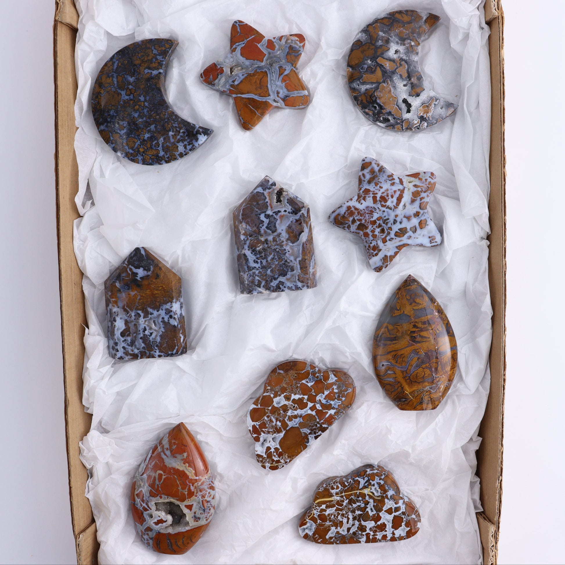Brecciated Jasper Moons, Stars, Towers, Clouds, and Flames Set of 10 - Expert Wholesale and Supplier of Wholesale Crystals & Bulk Gemstones, ["Brecciated Jasper","Clouds","flames","Indonesia","moons","stars","Towers"]