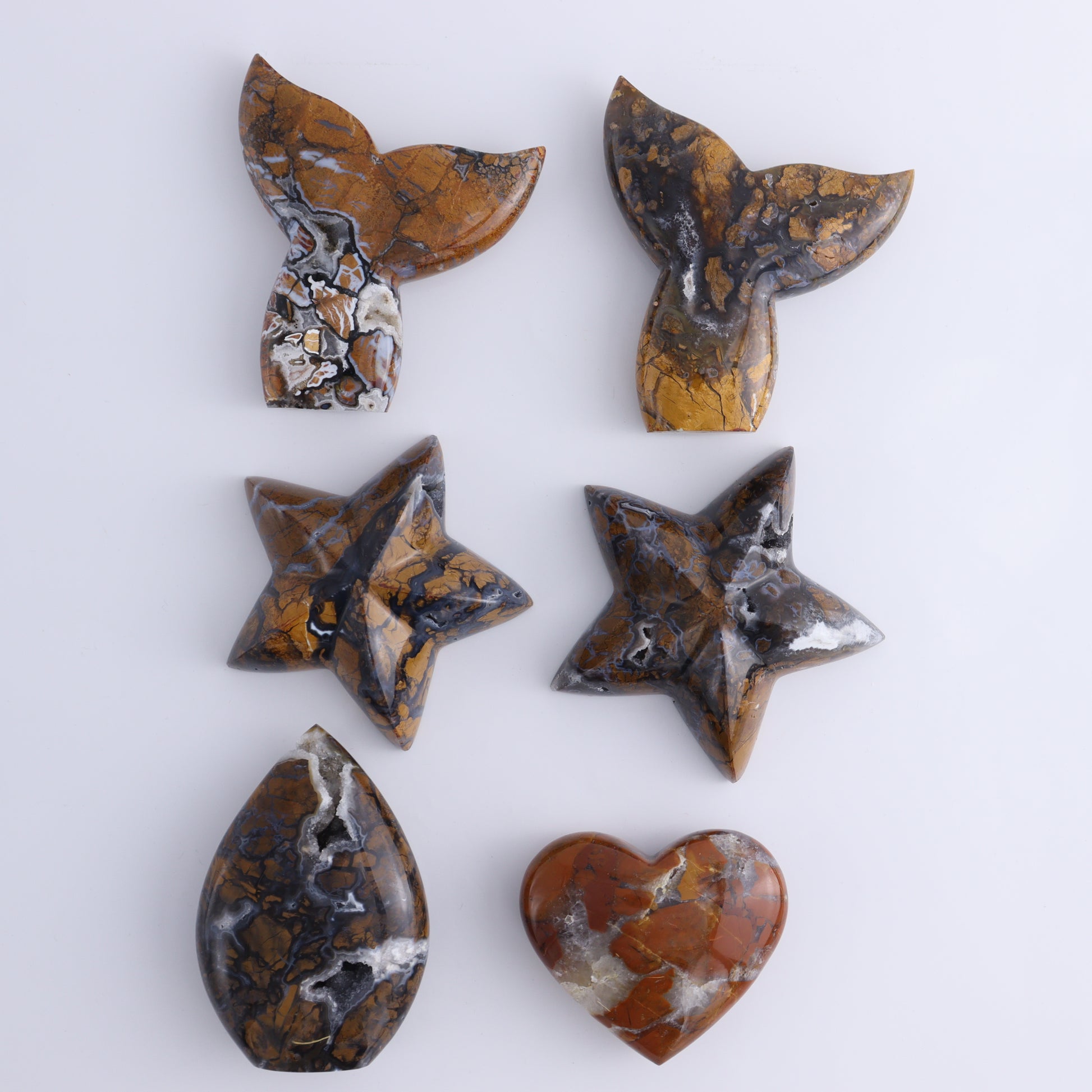 Brecciated Jasper Mixed Carvings Set of 6 - Expert Wholesale and Supplier of Wholesale Crystals & Bulk Gemstones, ["Brecciated Jasper","Freeforms","Hearts","Indonesia","Mermaid Tail","stars"]