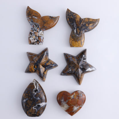 Brecciated Jasper Mixed Carvings Set of 6 - Expert Wholesale and Supplier of Wholesale Crystals & Bulk Gemstones, ["Brecciated Jasper","Freeforms","Hearts","Indonesia","Mermaid Tail","stars"]