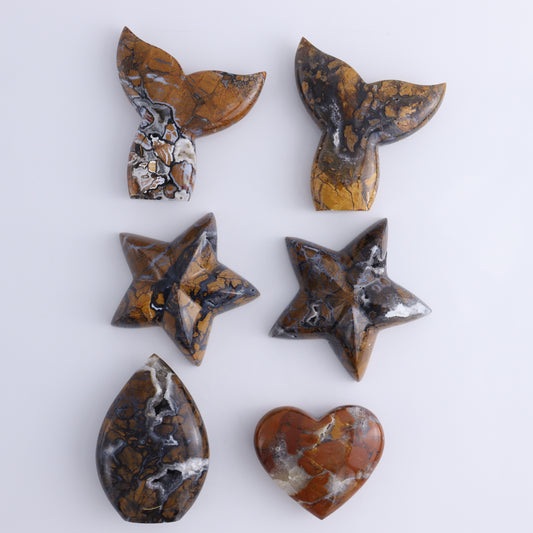 Brecciated Jasper Mixed Carvings Set of 6 - Expert Wholesale and Supplier of Wholesale Crystals & Bulk Gemstones, ["Brecciated Jasper","Freeforms","Hearts","Indonesia","Mermaid Tail","stars"]