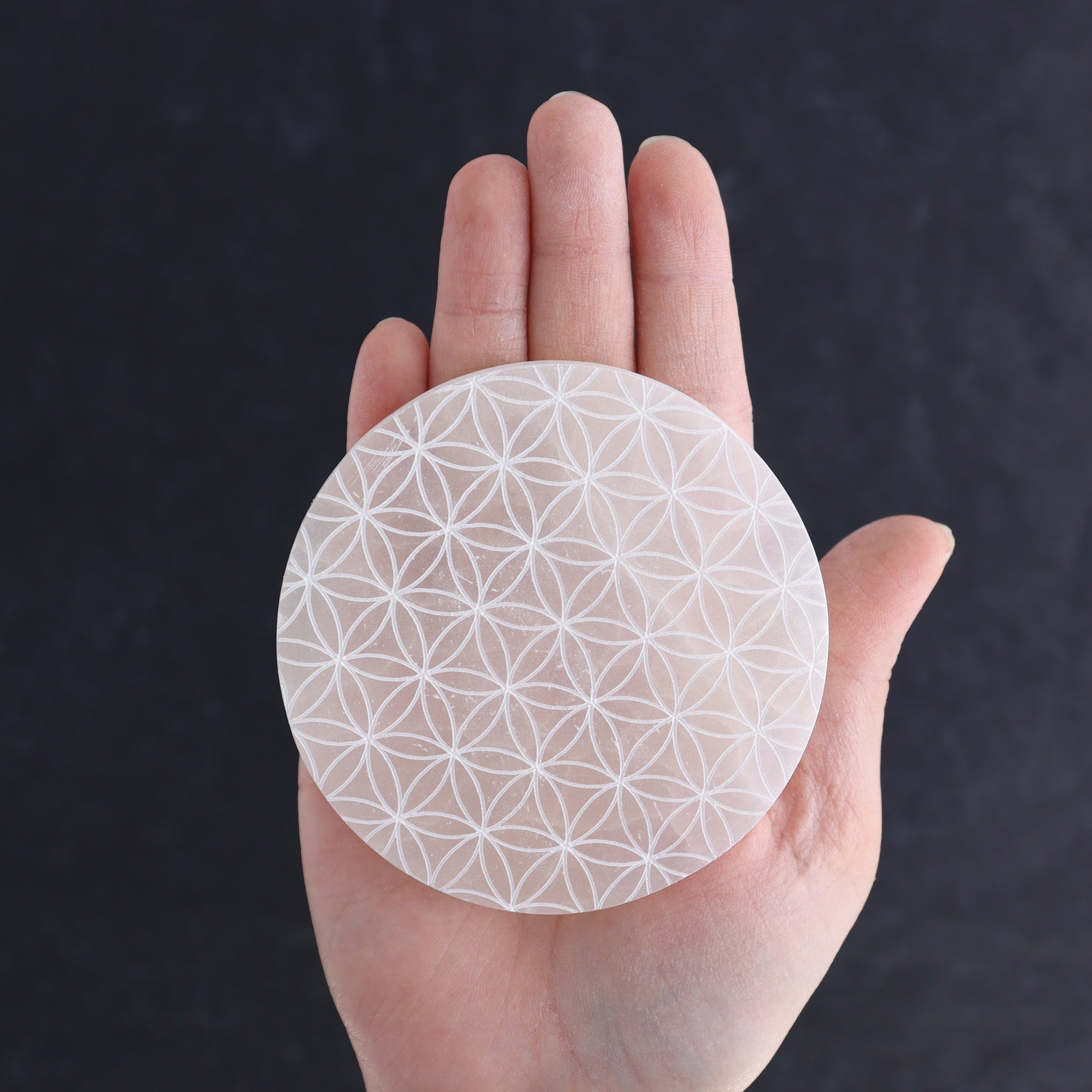 One Selenite (Satin Spar) Flower of Life Round Plate - Expert Wholesale and Supplier of Wholesale Crystals & Bulk Gemstones, ["close_30","Morocco","Round Dish","Selenite"]
