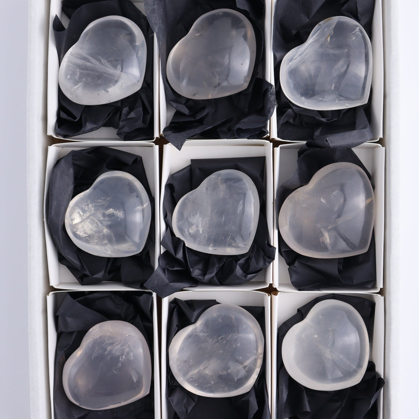 Girasol Quartz Hearts Set of 9 - Expert Wholesale and Supplier of Wholesale Crystals & Bulk Gemstones, ["Girasol","Girasol Quartz","Hearts","Quartz"]
