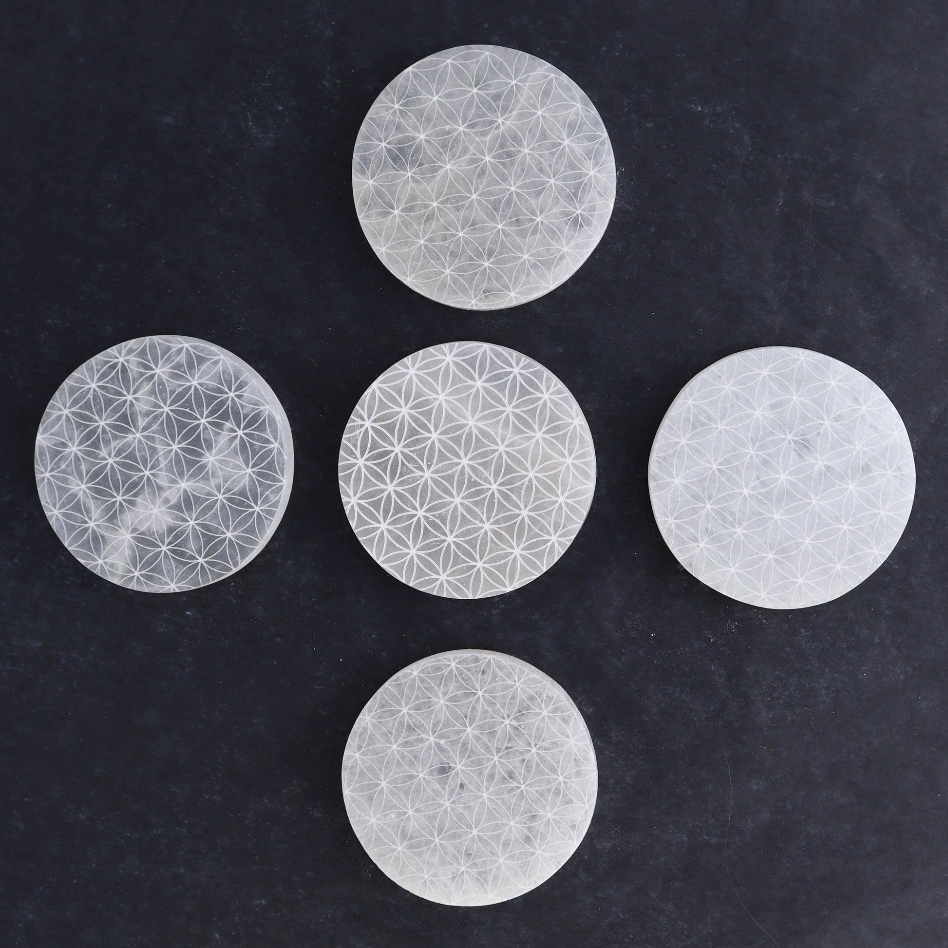 One Selenite (Satin Spar) Flower of Life Round Plate - Expert Wholesale and Supplier of Wholesale Crystals & Bulk Gemstones, ["close_30","Morocco","Round Dish","Selenite"]
