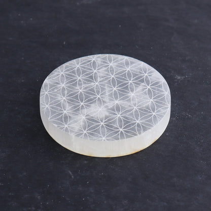 One Selenite (Satin Spar) Flower of Life Round Plate - Expert Wholesale and Supplier of Wholesale Crystals & Bulk Gemstones, ["close_30","Morocco","Round Dish","Selenite"]