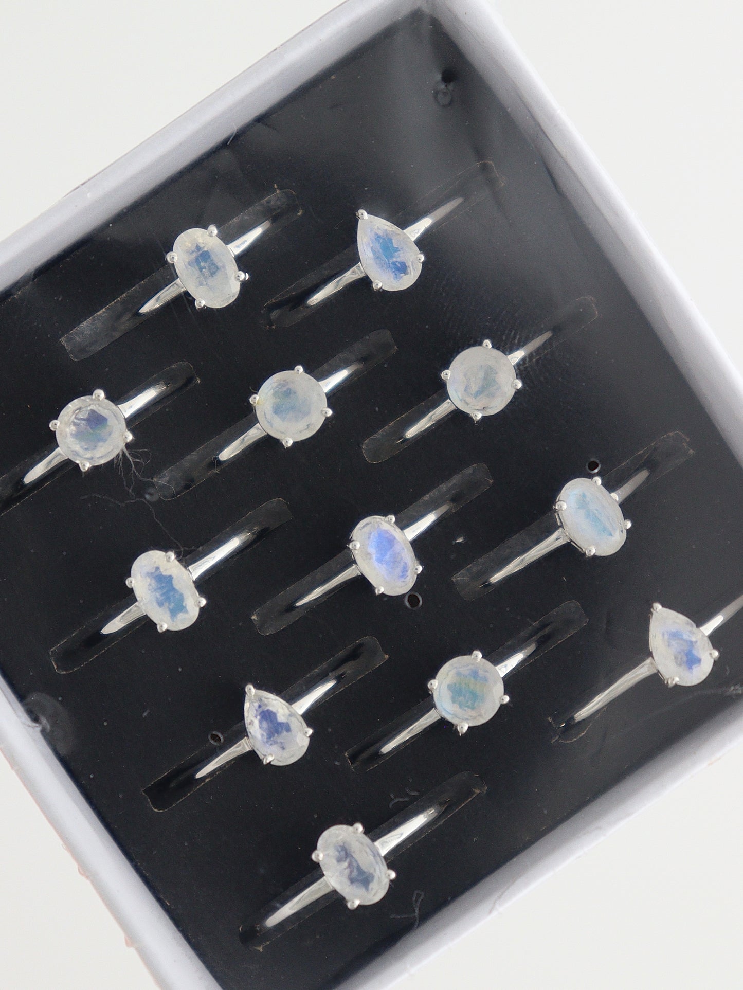 Sterling Silver Rainbow Moonstone Rings Set of 12 - Expert Supplier of Wholesale Crystals & Bulk Gemstones