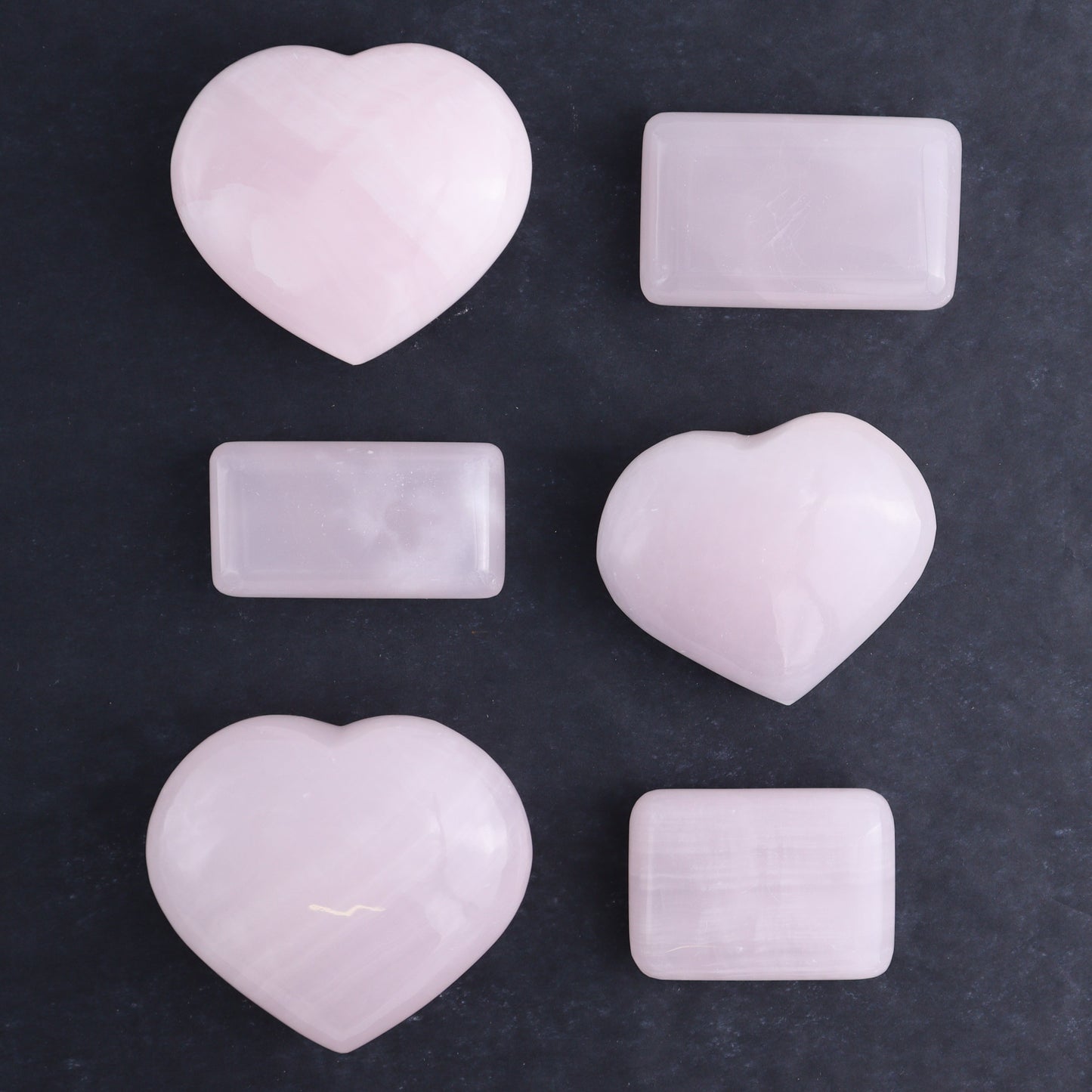 Pink Mangano Calcite Rectangles and Hearts Set of 6 - Expert Wholesale and Supplier of Wholesale Crystals & Bulk Gemstones, ["Calcite","Hearts","Madagascar","Pink Calcite","Rectangle"]