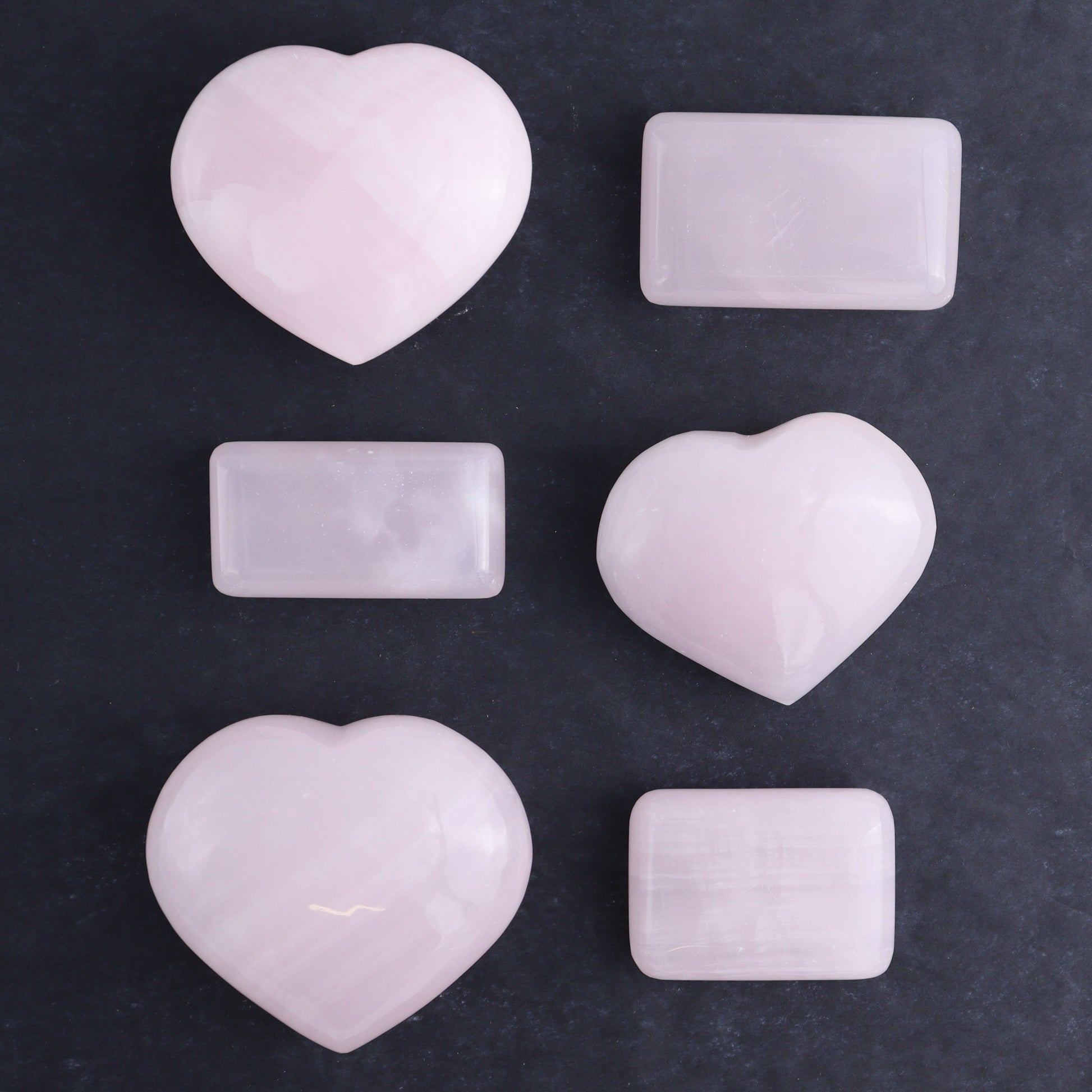 Pink Mangano Calcite Rectangles and Hearts Set of 6 - Expert Wholesale and Supplier of Wholesale Crystals & Bulk Gemstones, ["Calcite","Hearts","Madagascar","Pink Calcite","Rectangle"]