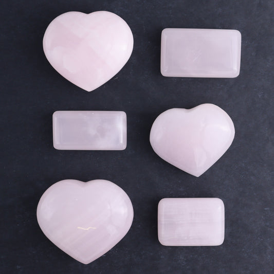 Pink Mangano Calcite Rectangles and Hearts Set of 6 - Expert Wholesale and Supplier of Wholesale Crystals & Bulk Gemstones, ["Calcite","Hearts","Madagascar","Pink Calcite","Rectangle"]
